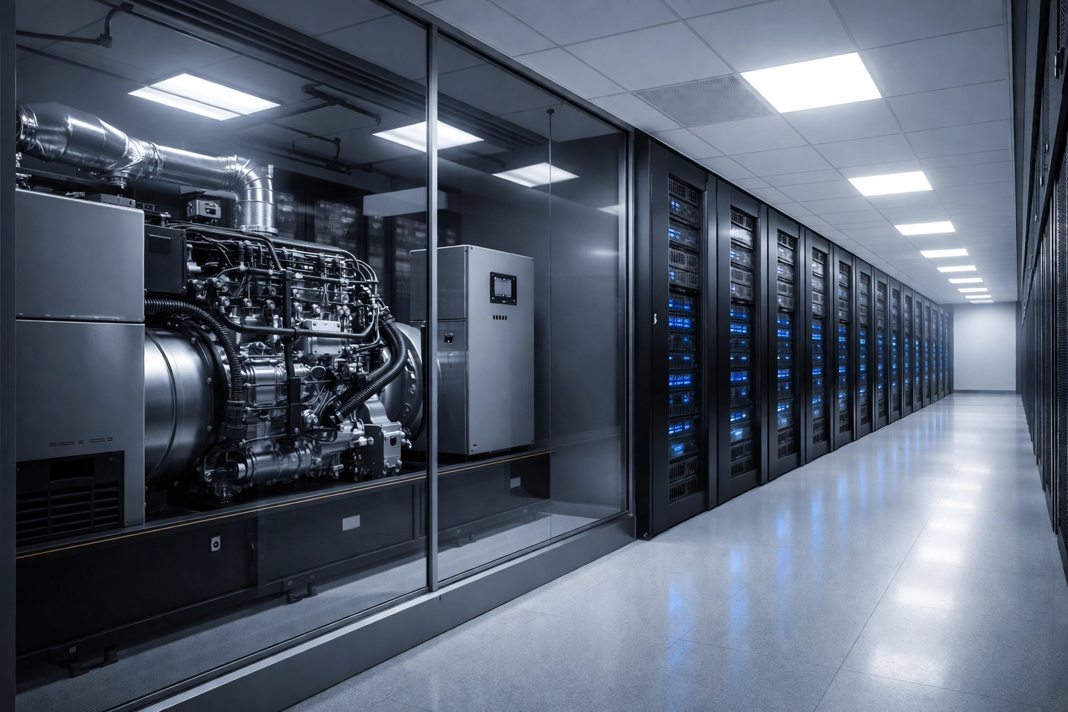 Server room with data equipment and industrial backup generator ensuring business continuity