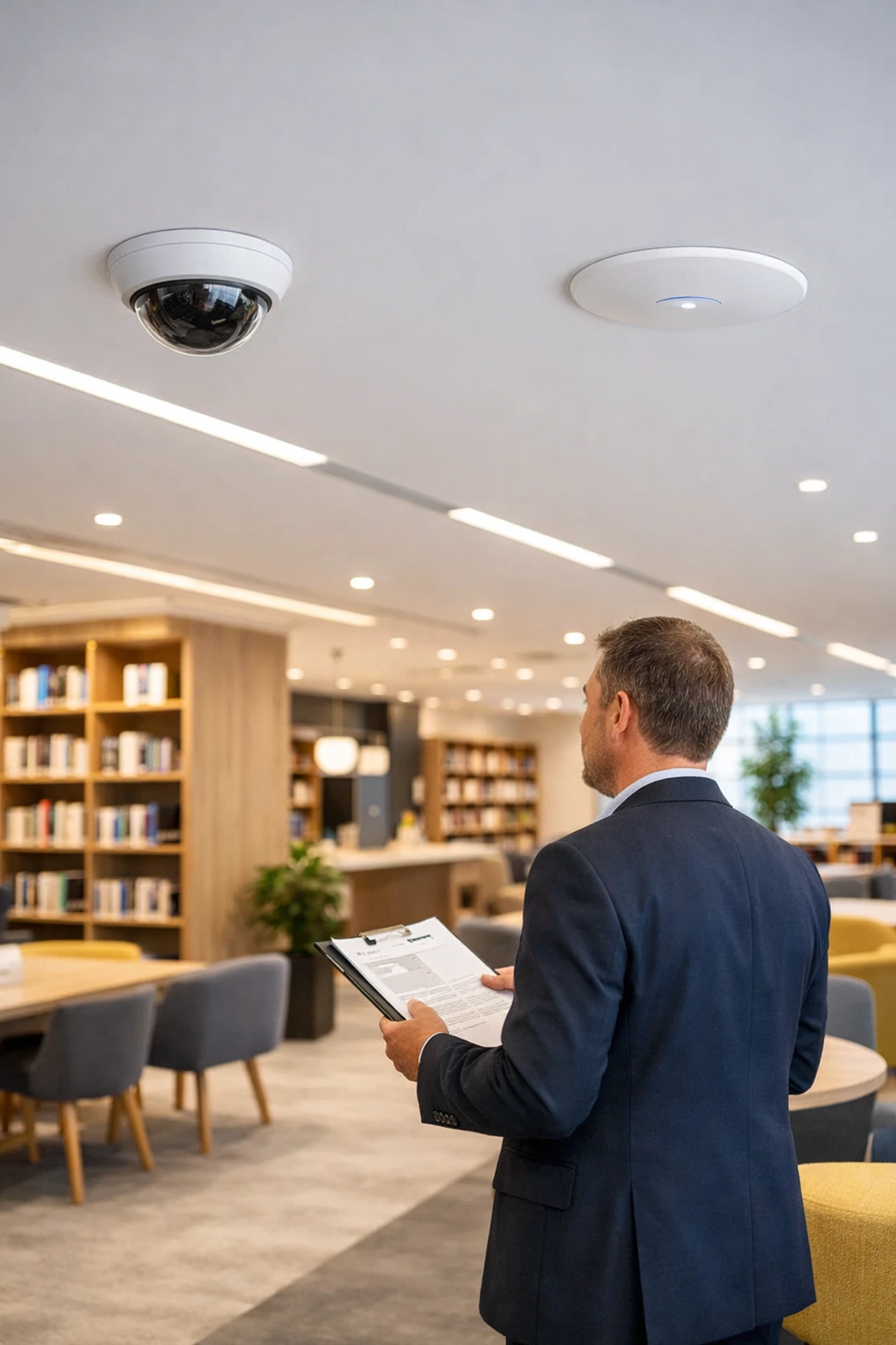 Integrated CCTV and Wi-Fi 6 access points in a modern commercial retail or school fit-out.