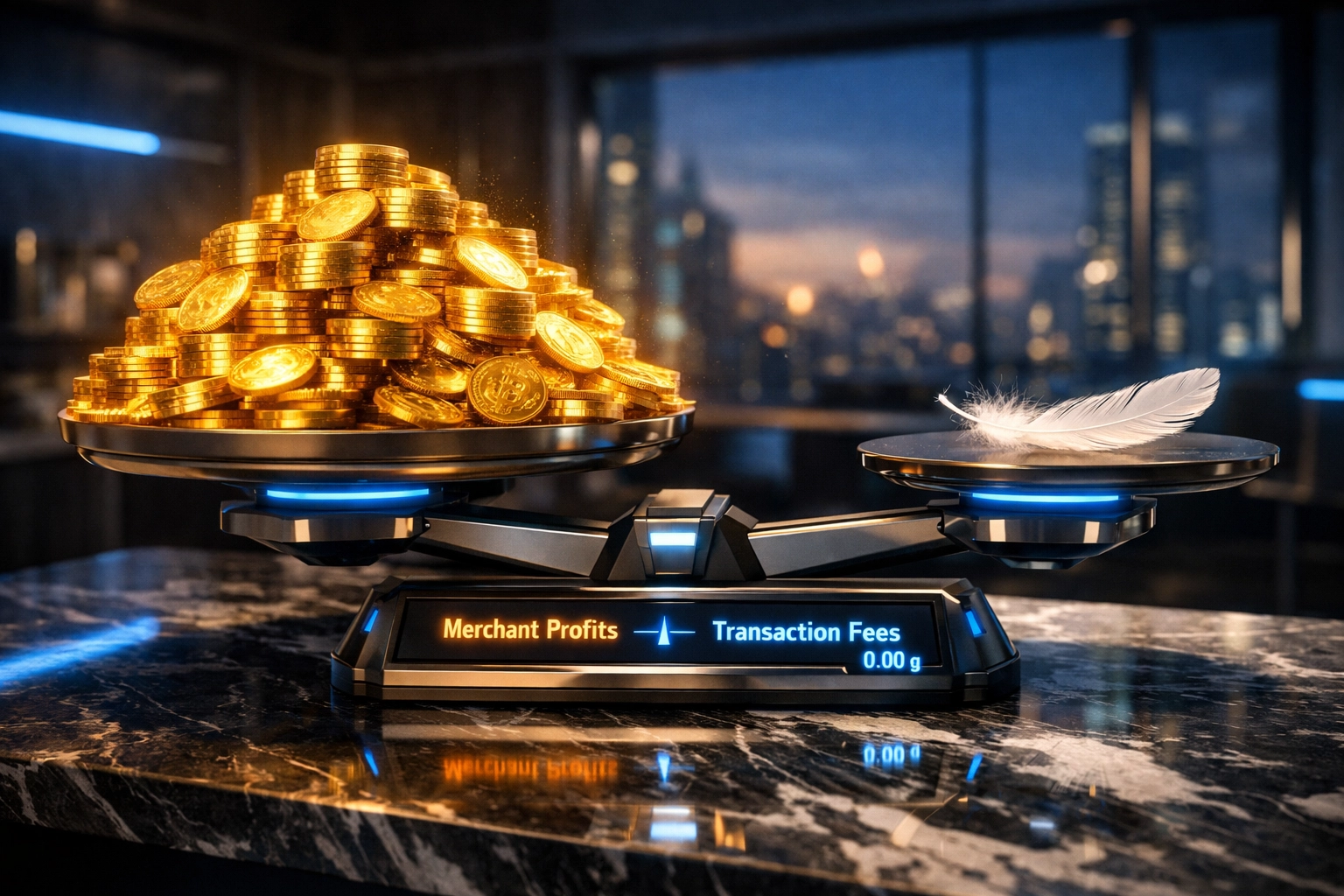High-tech scale showing massive merchant profits outweighing tiny crypto transaction fees on the Larecoin gateway.