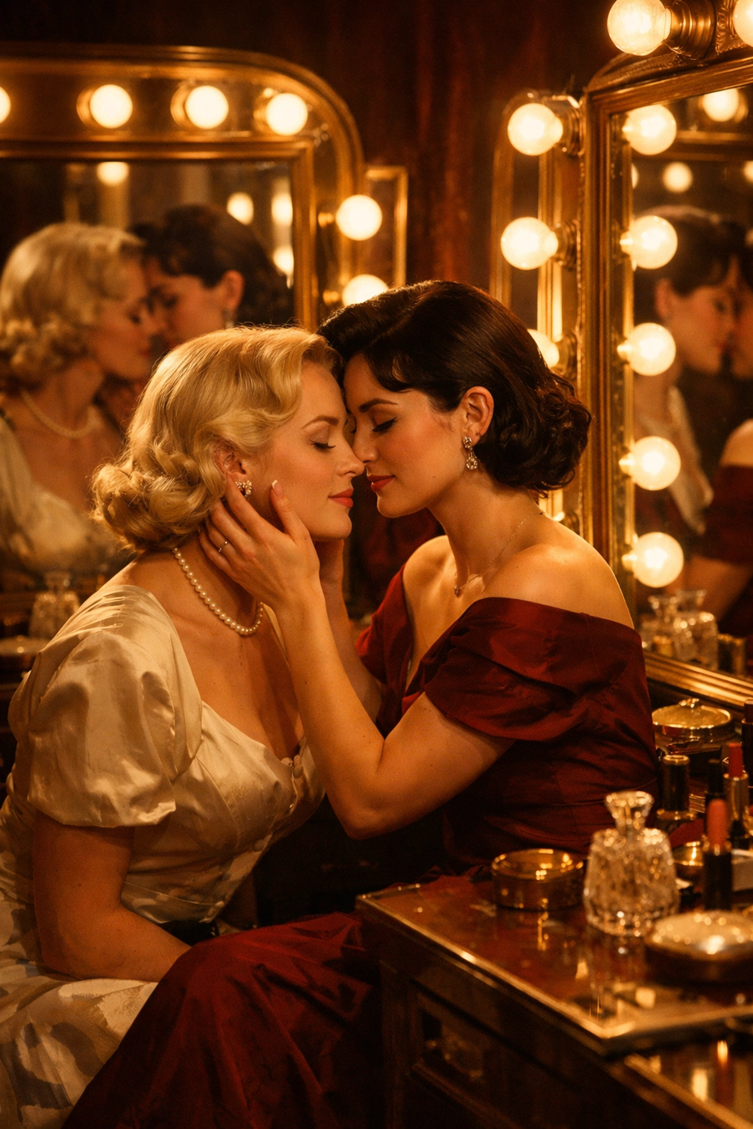 Two women sharing intimate moment in 1950s Hollywood dressing room - Evelyn and Celia's secret love