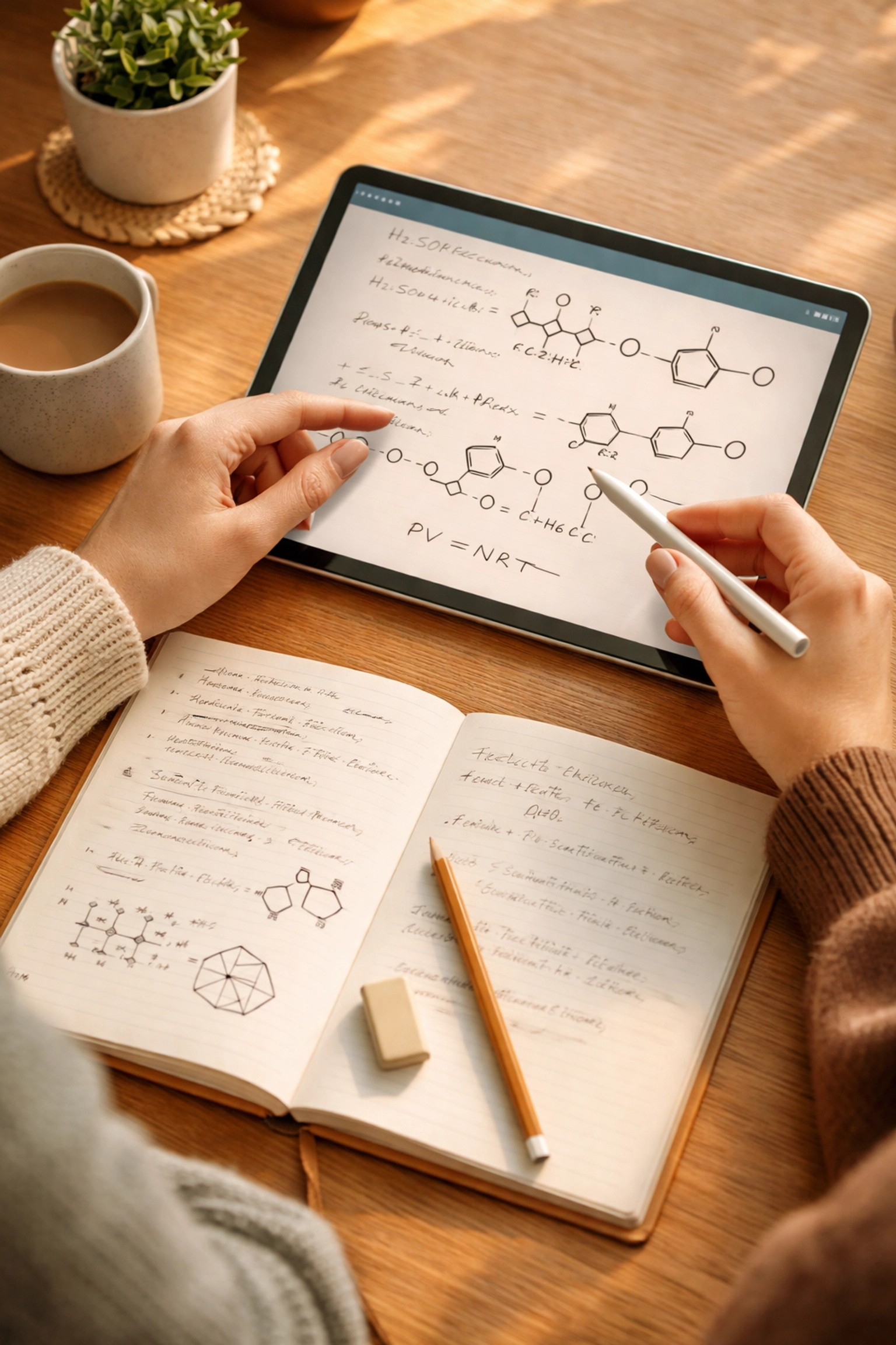 Two people collaborating on Chemistry problems during an online tuition session, tablet screen showing equations and diagrams, highlighting the benefits of an online A Level Chemistry tutor.