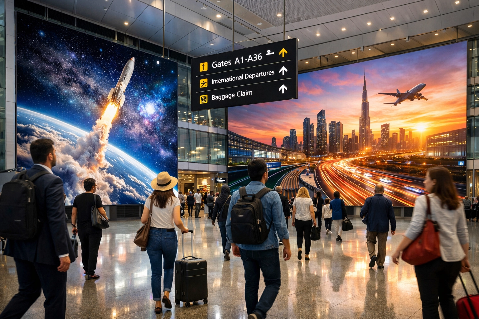 Dakdan Worldwide digital media walls in a transportation hub showcasing cross-industry media integration.