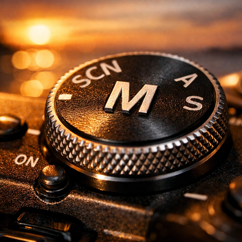 How to use manual mode camera settings on a dial during a sunset photography tutorial.