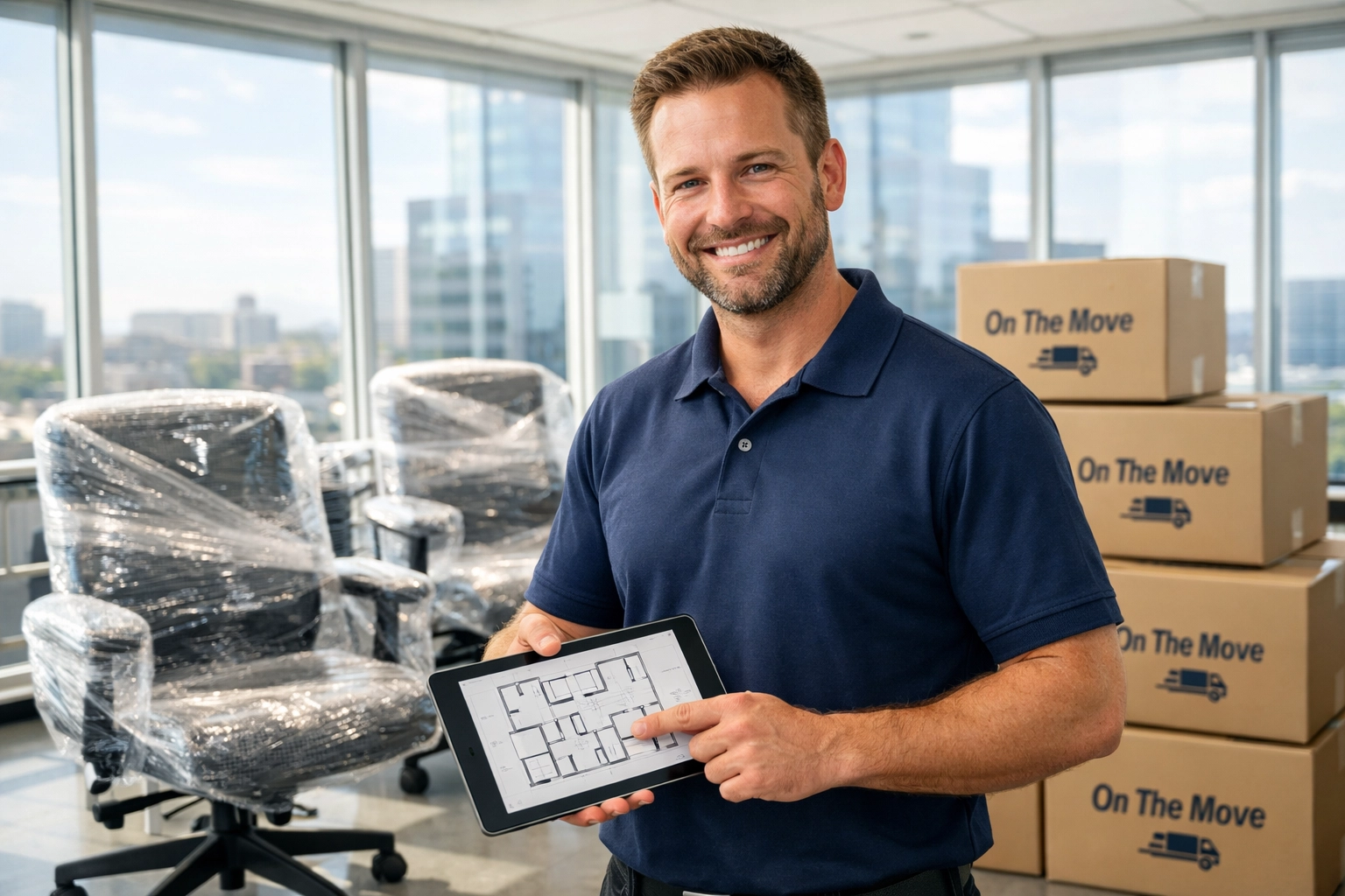 Professional GTA commercial movers reviewing an office floor plan for a seamless corporate relocation.