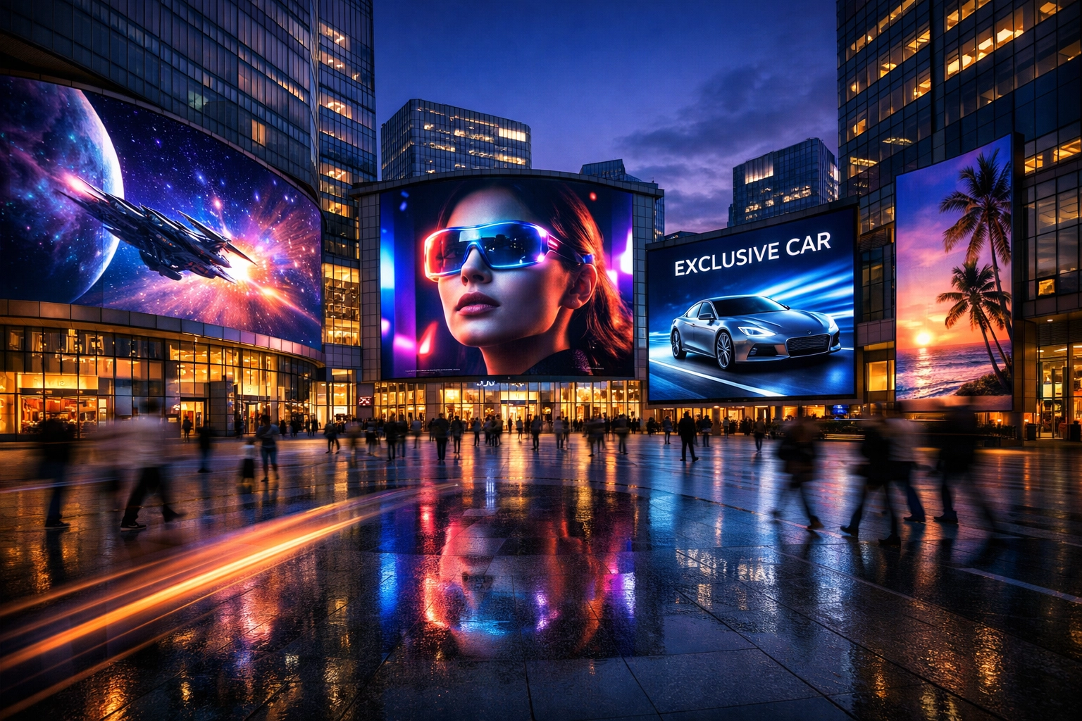 Large-scale digital displays in a metropolitan plaza showcasing Dakdan’s innovative out-of-home advertising.