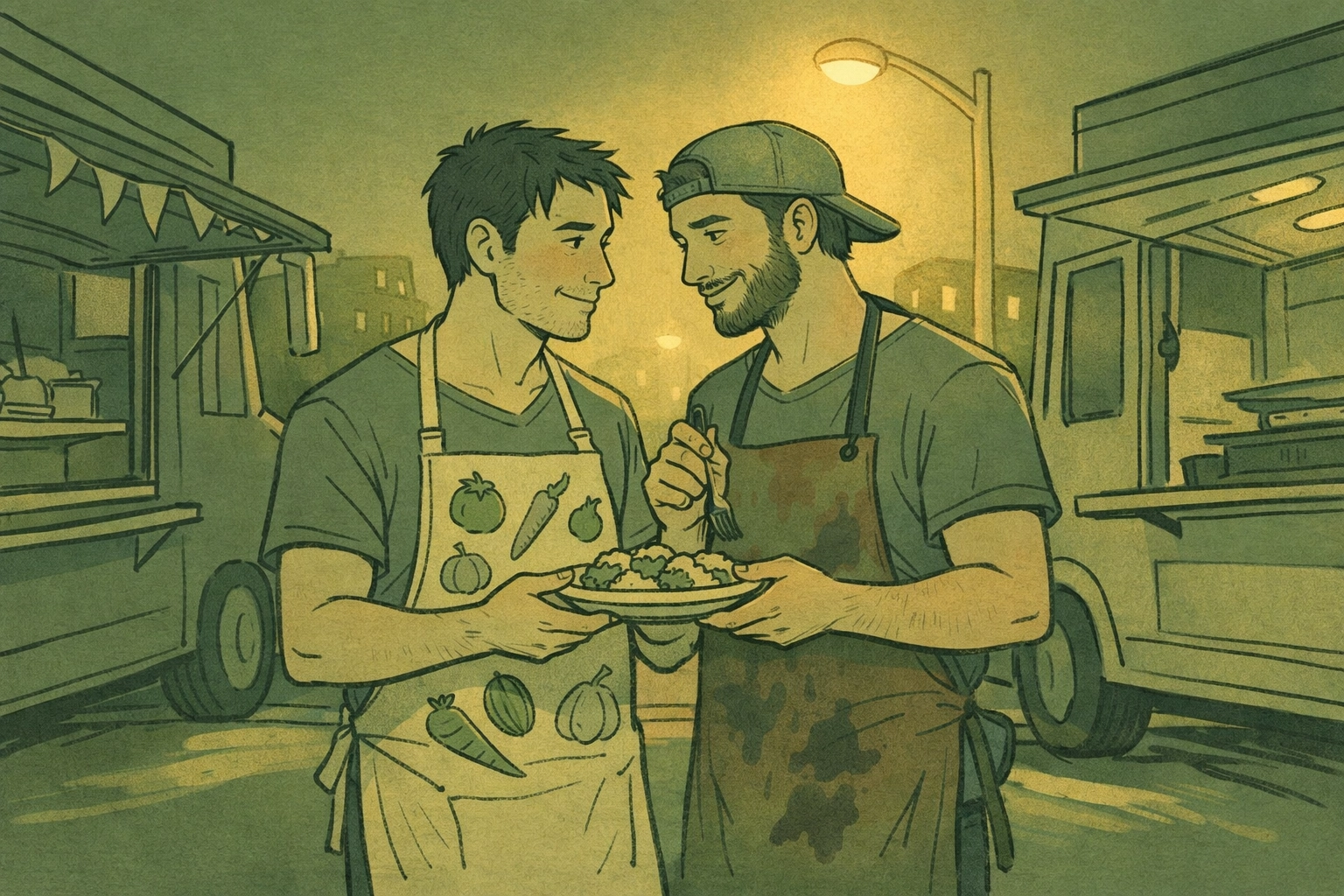 Gay romance food truck owners share meal under streetlights, rivals becoming lovers