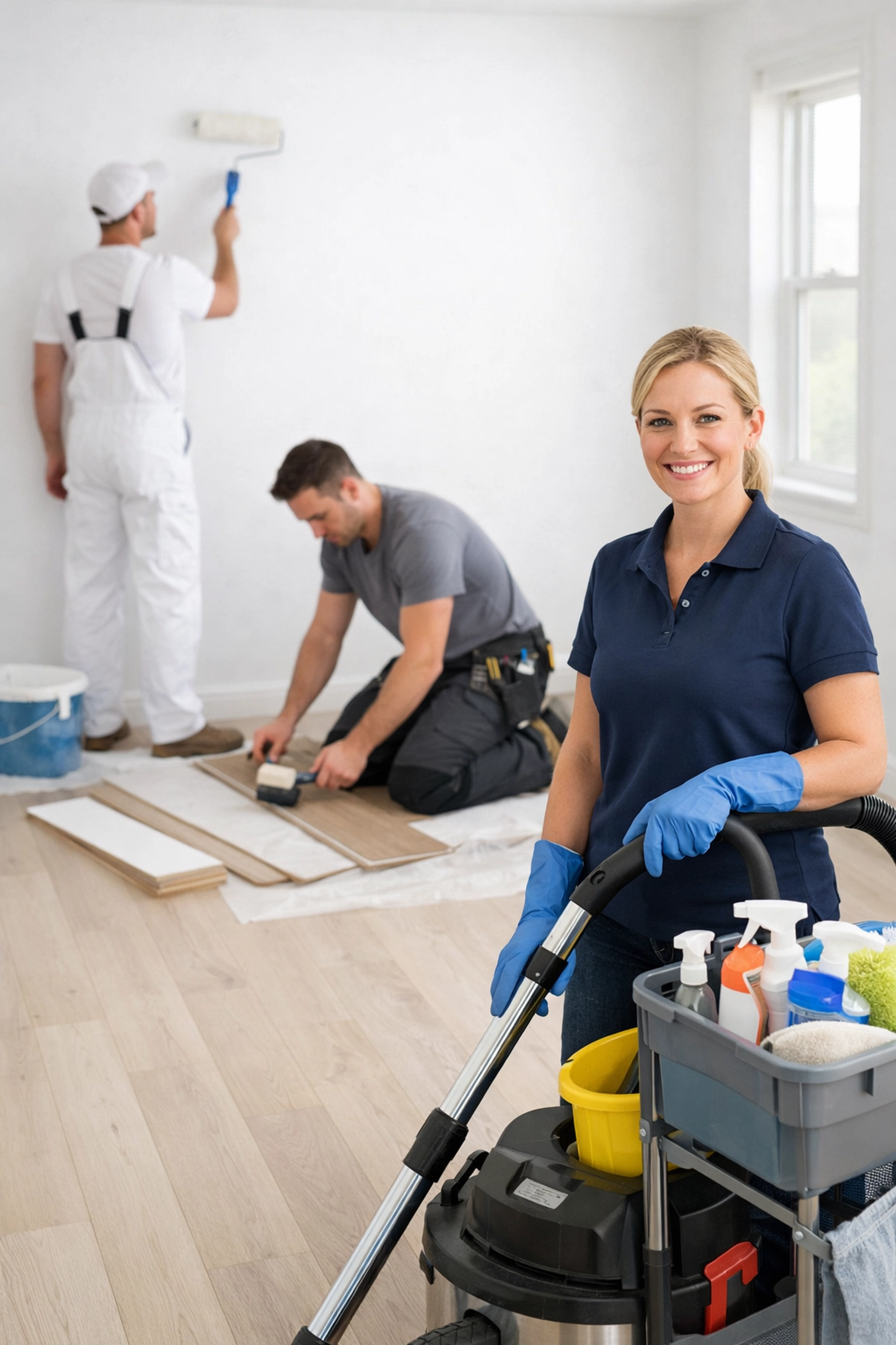 Coordinated apartment turnover crew with painter, flooring specialist, and cleaning professional