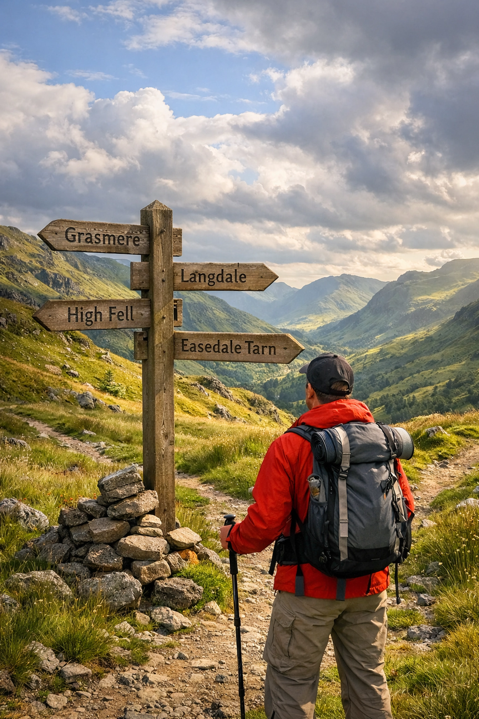 Hiker at Lake District trail signpost choosing between guided walking routes