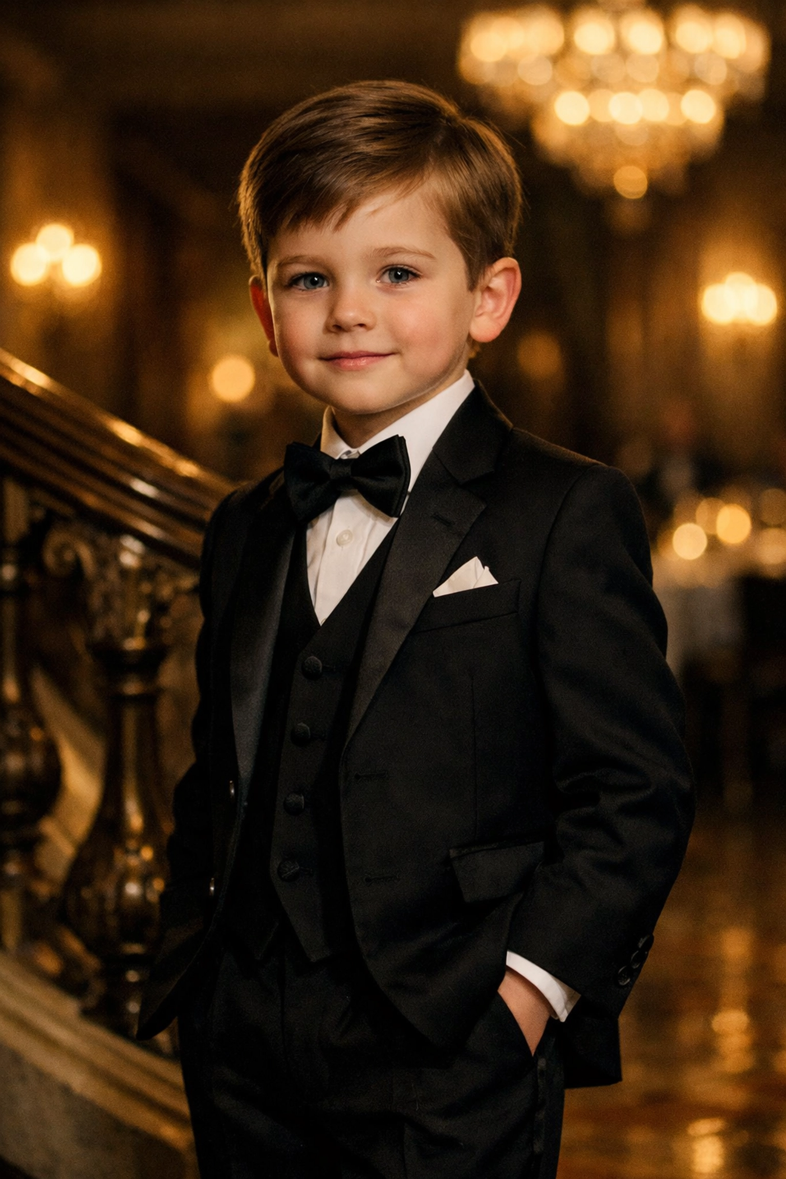 Boy in black tuxedo at formal evening event
