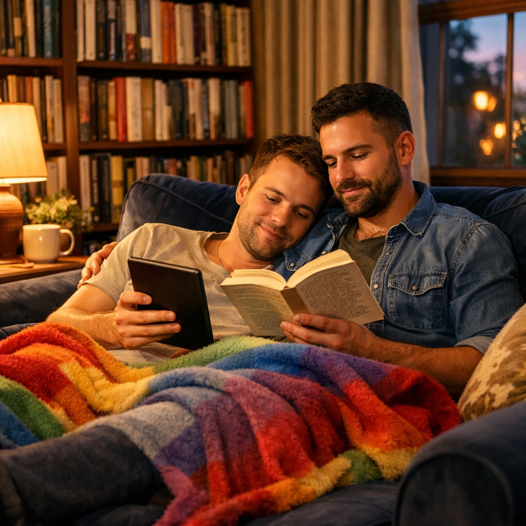 A gay couple reading MM romance books and LGBTQ+ Kindle books together on a cozy sofa.