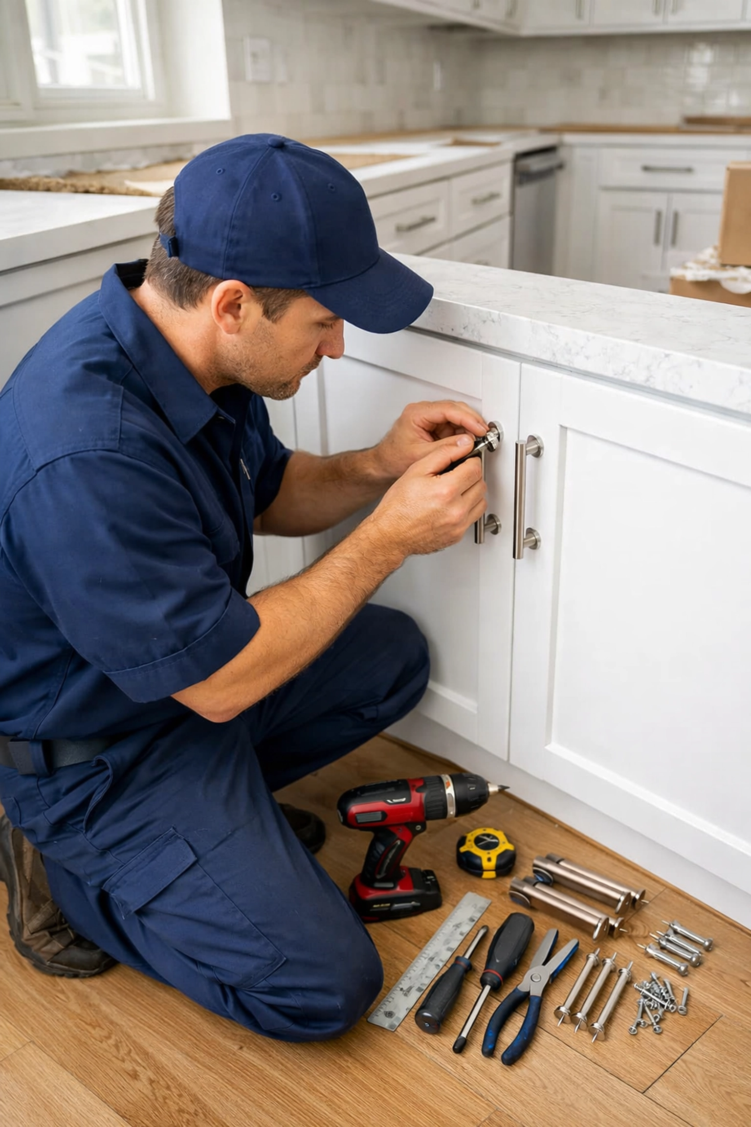 Maintenance technician installing cabinet hardware during apartment make-ready renovation