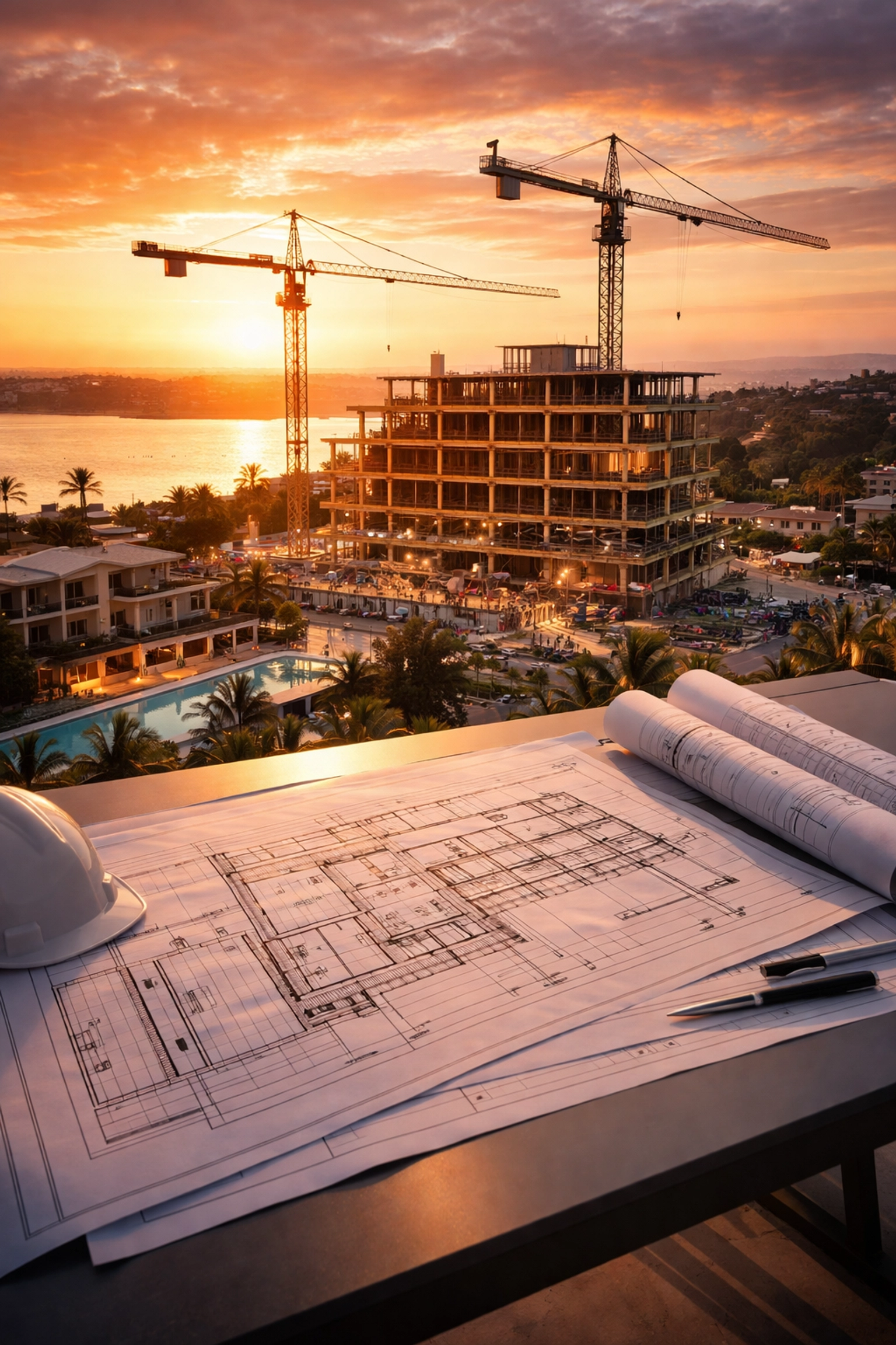 Aerial view of luxury real estate under construction, representing private equity and wealth growth potential.