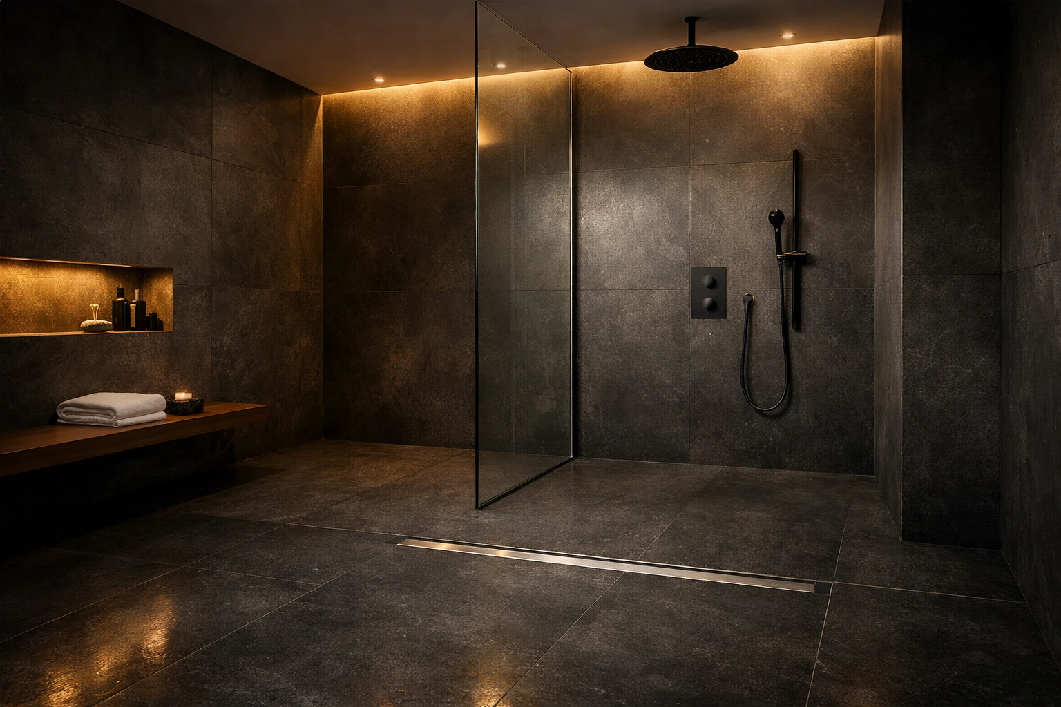Luxury wet room with seamless charcoal stone tiles and a flush stainless steel linear drain.