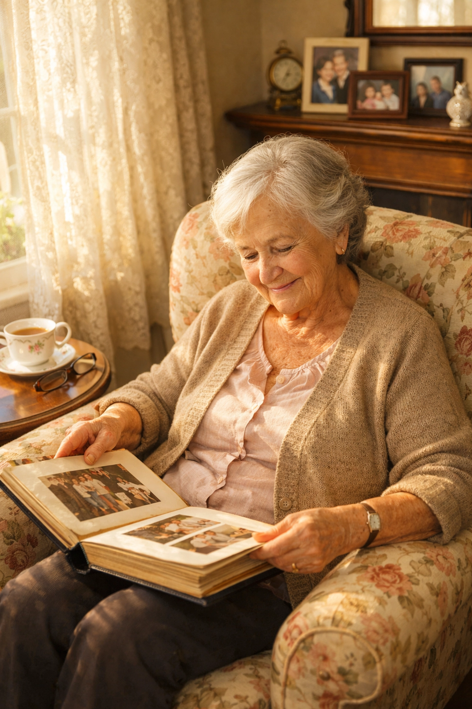 Elderly woman with dementia comfortable at home looking at family photo album