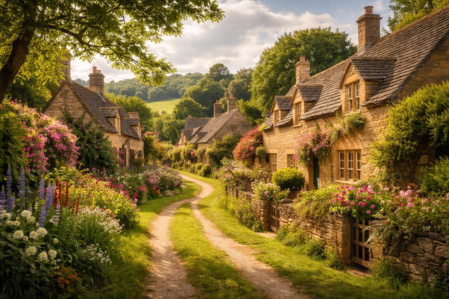 Classic Cotswolds village scene with limestone cottages and green hills on a guided walk.