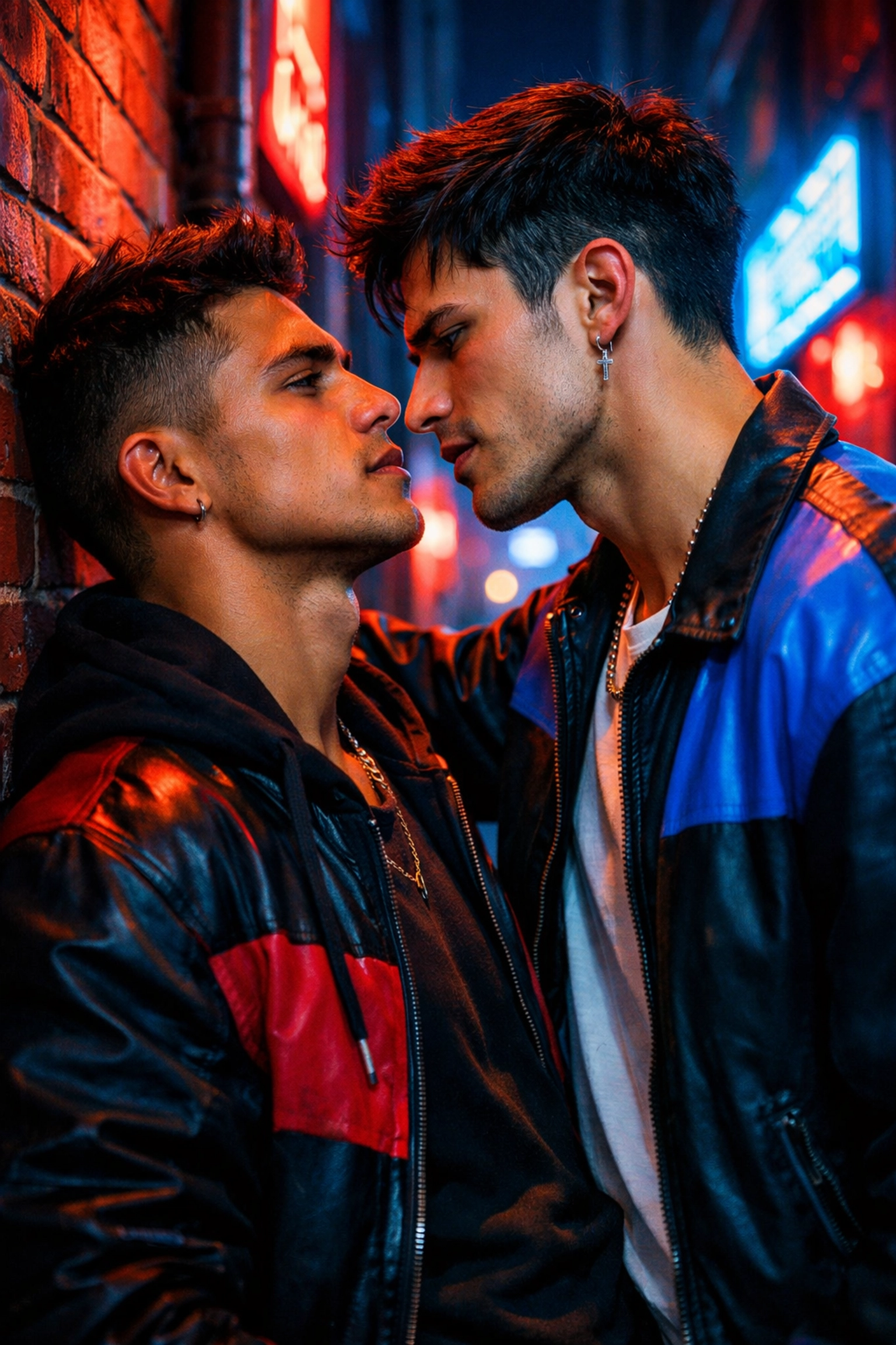 Contemporary gay romance scene with two men in neon lighting, depicting an enemies to lovers trope.