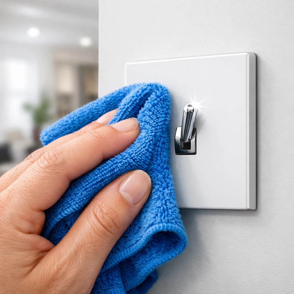 Using a microfiber cloth to sanitize a light switch and remove harmful bacteria safely.