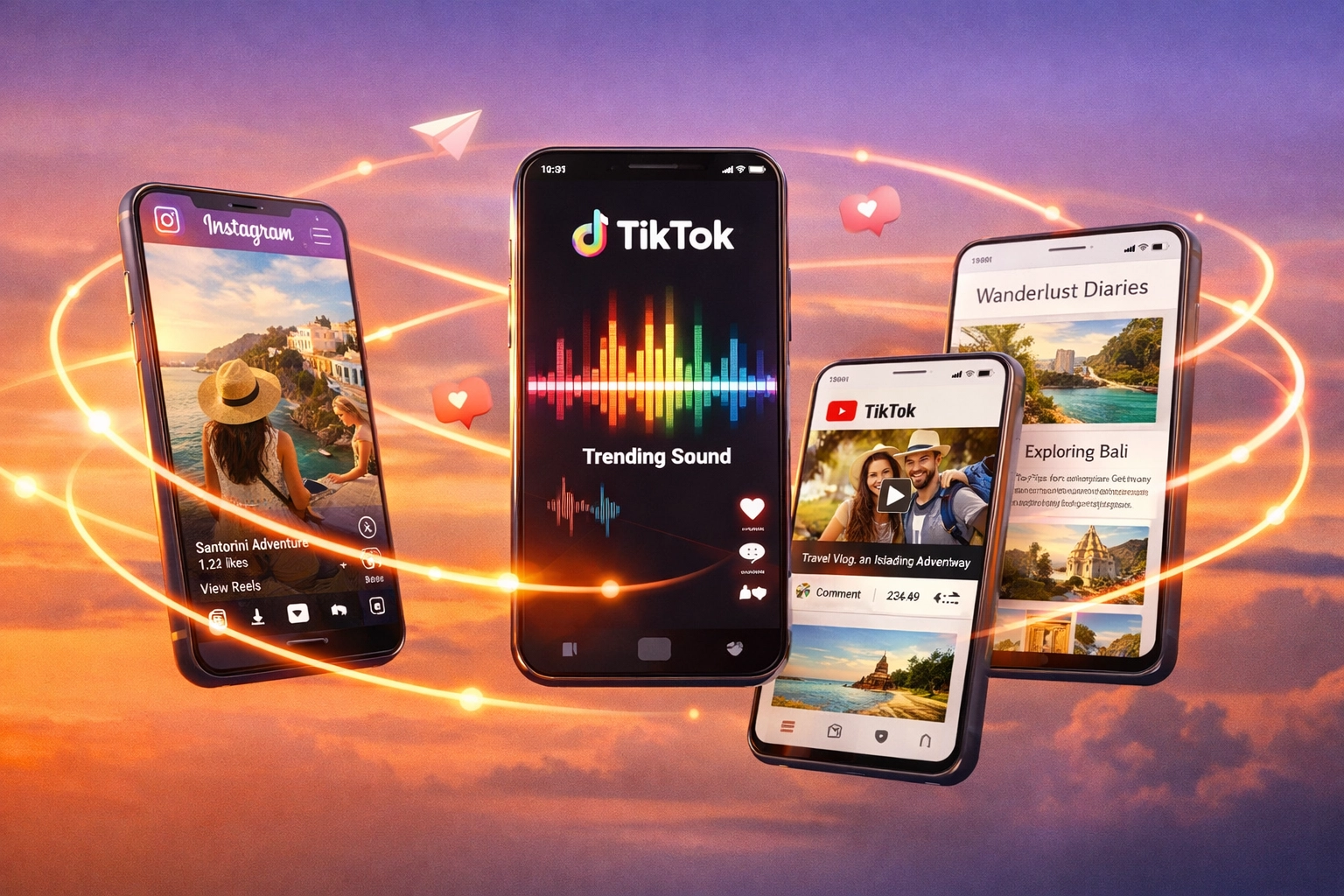 Multiple social media platforms including Instagram, TikTok, and YouTube for travel influencers