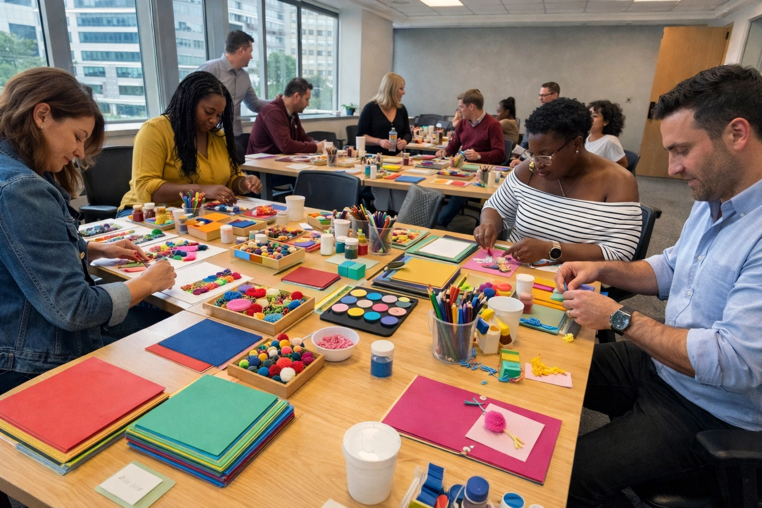 Mobile craft workshop setup in office conference room for corporate team building event