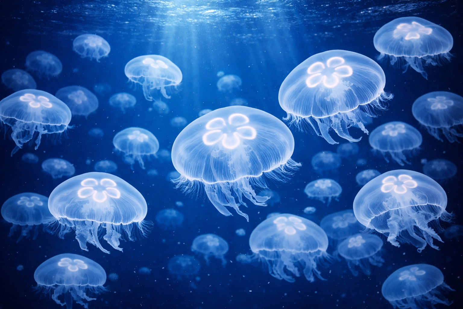 Graceful Moon Jellyfish in a blue aquarium exhibit, ideal for brand sponsorship imagery.