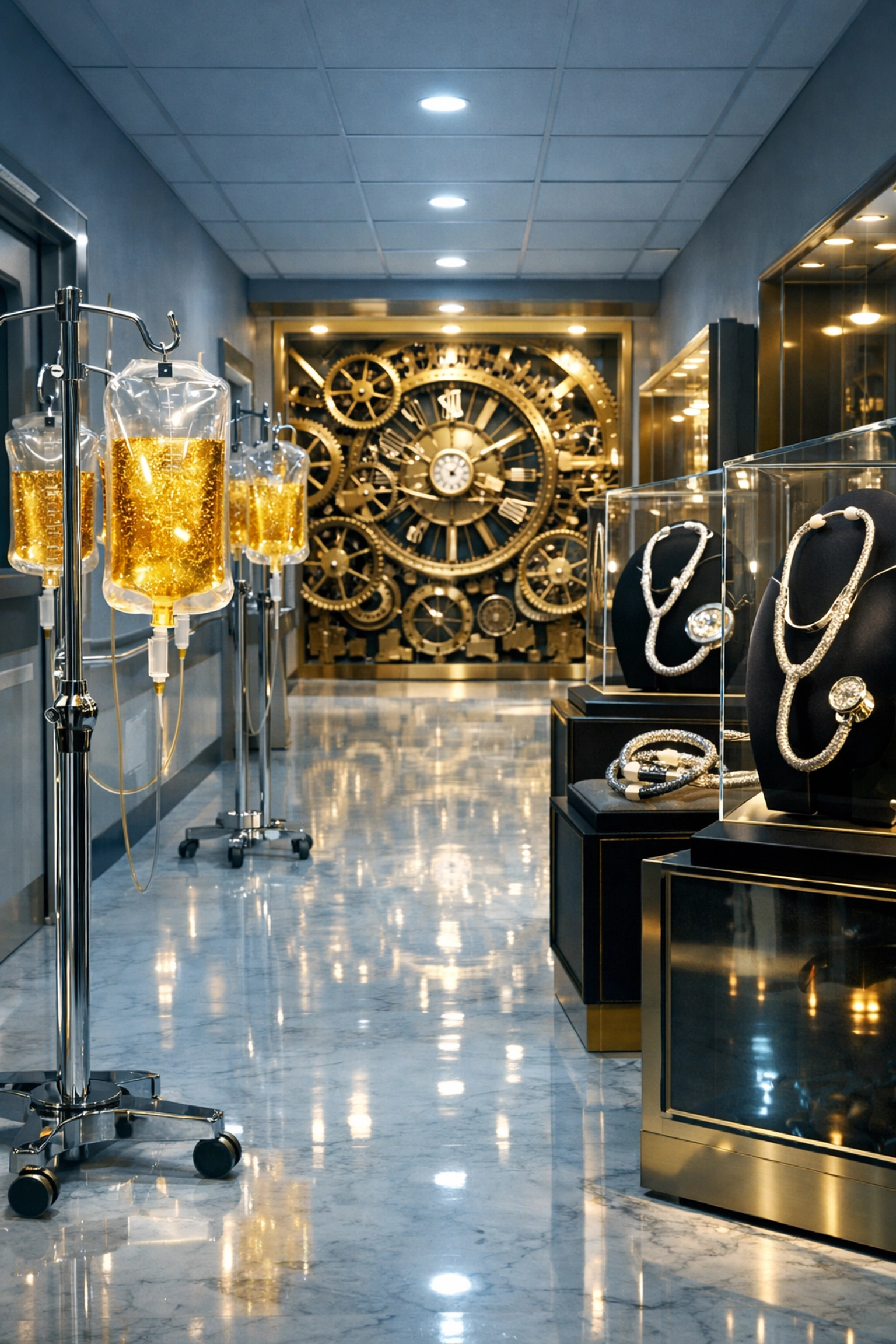 Medical equipment displayed as luxury items in a sterile hospital, illustrating the high cost of the healthcare system.