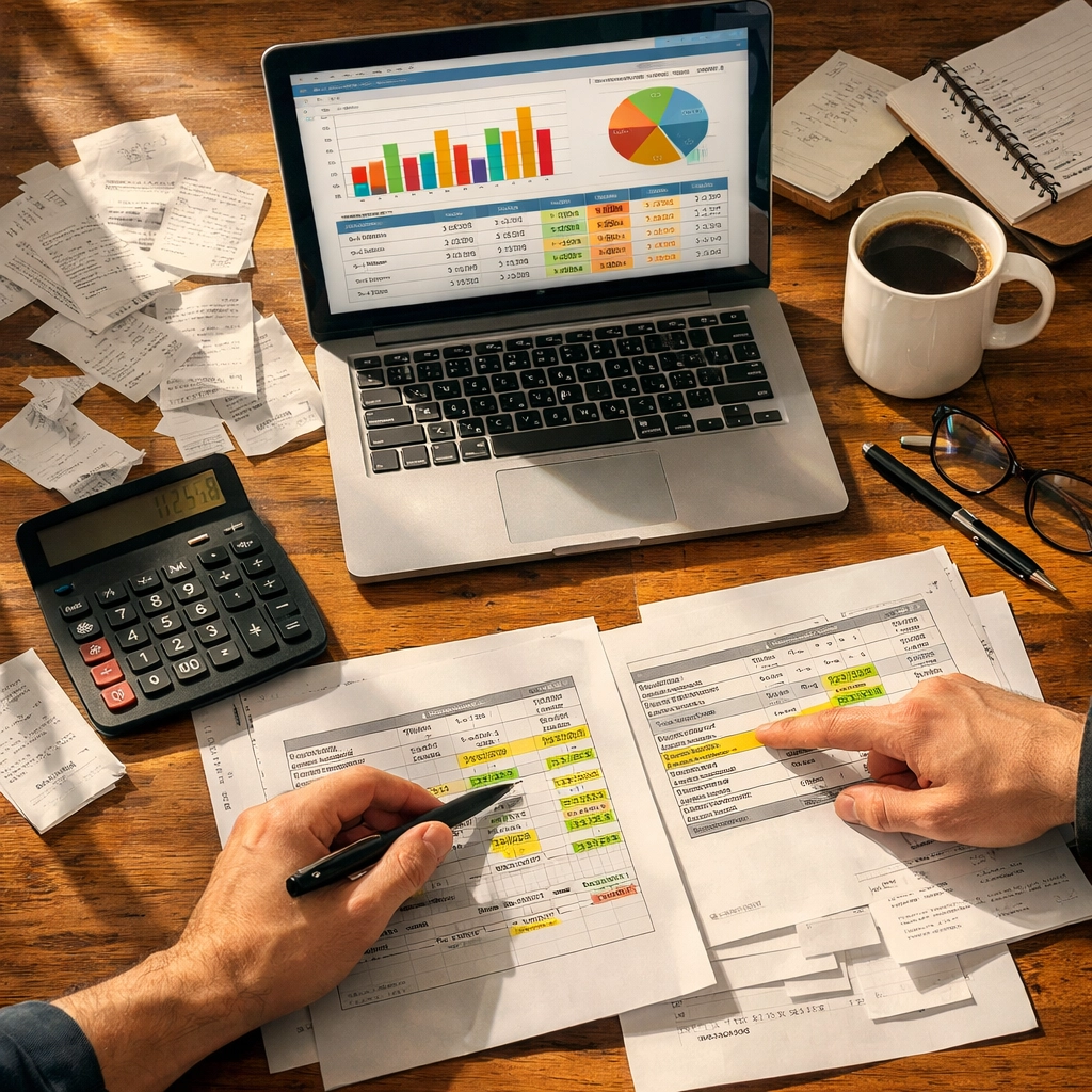 Restaurant manager analyzing prime cost reports with spreadsheets and financial data