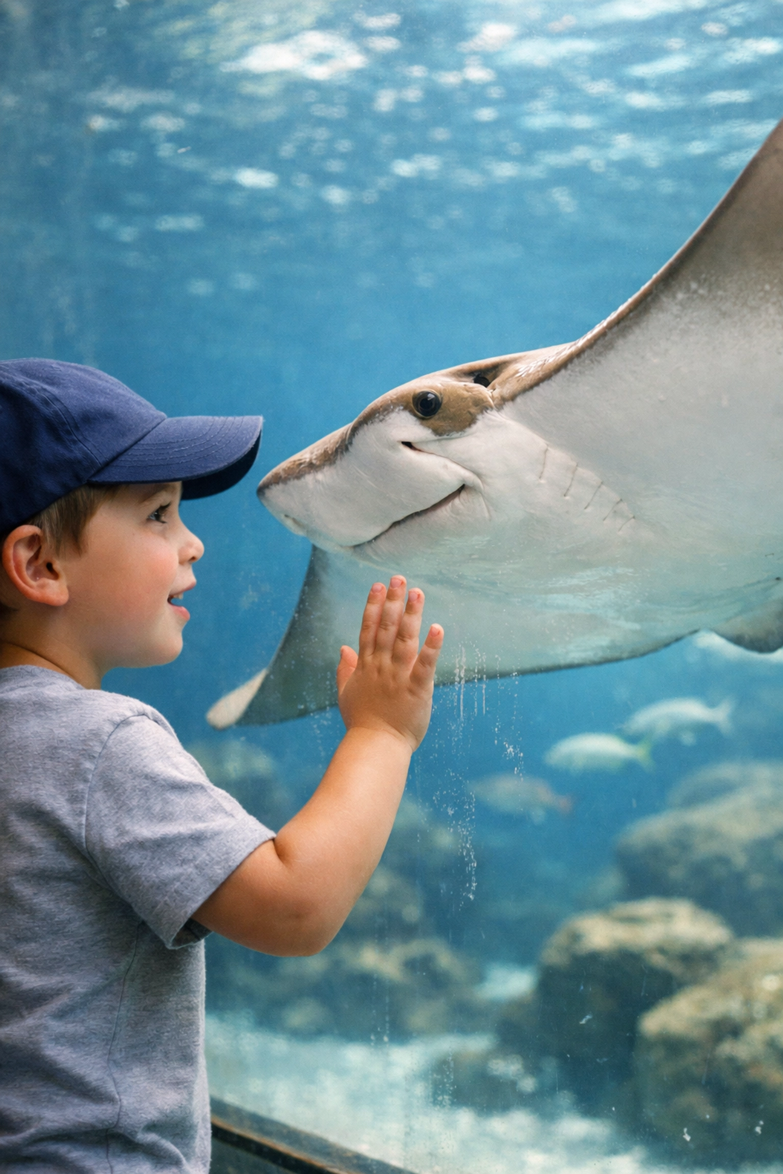 A child looking at a cownose ray, illustrating the emotional connection in aquarium visitor marketing.