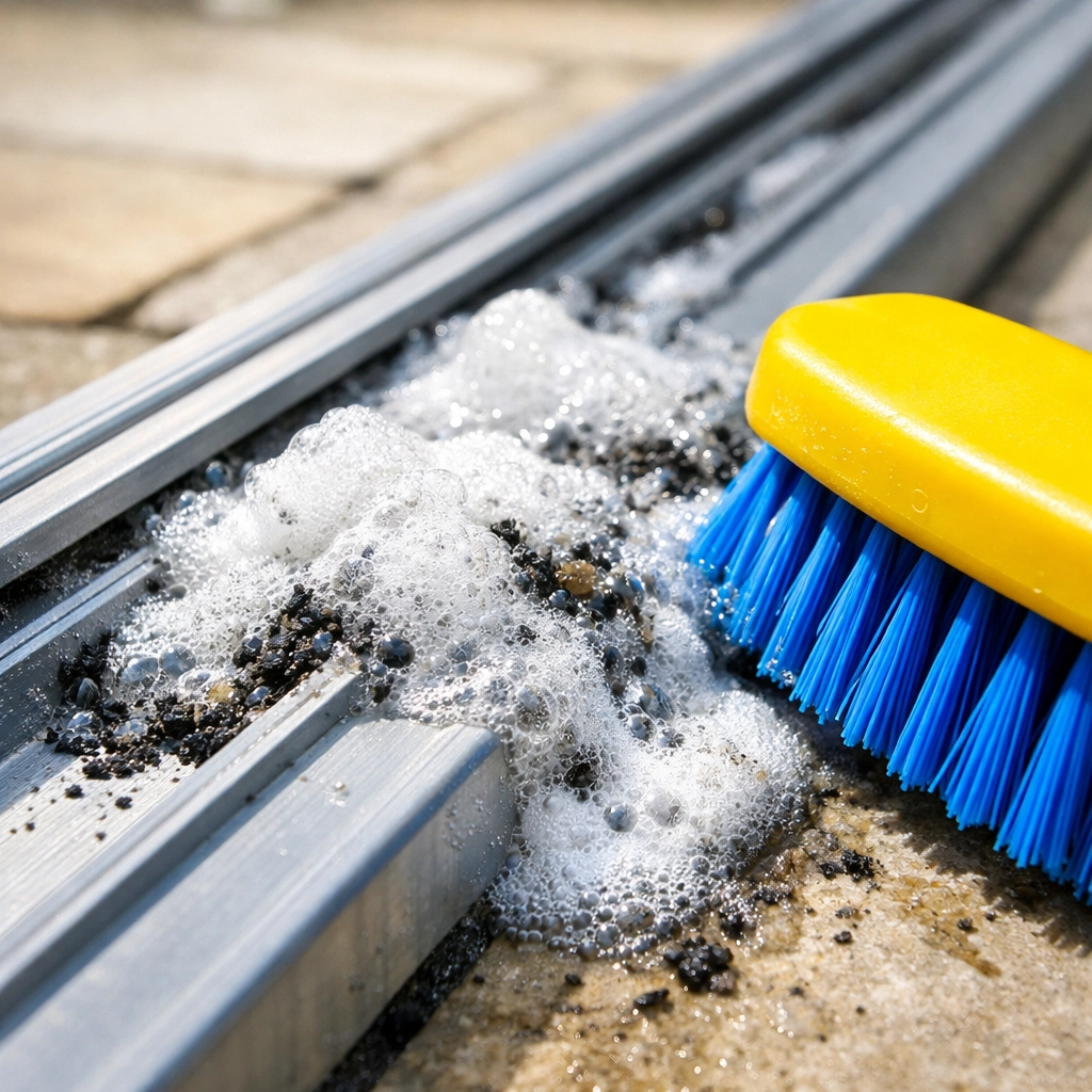 Using baking soda and vinegar to loosen stubborn construction grime in a sliding door track.