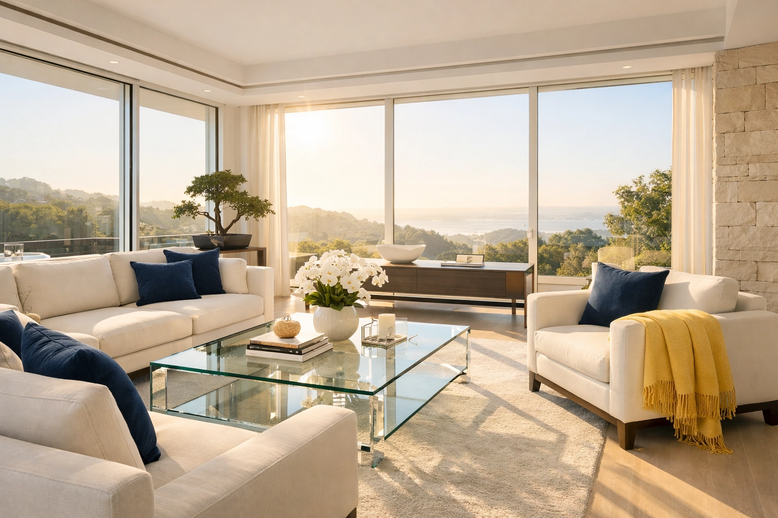 Clean, sunlit modern living room reflecting mental clarity and reduced stress through professional house cleaning.