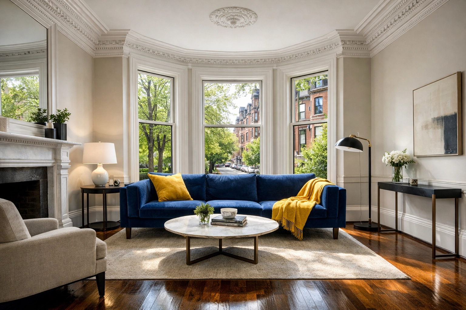 A spotless Boston brownstone living room after a professional move-in cleaning in Massachusetts.