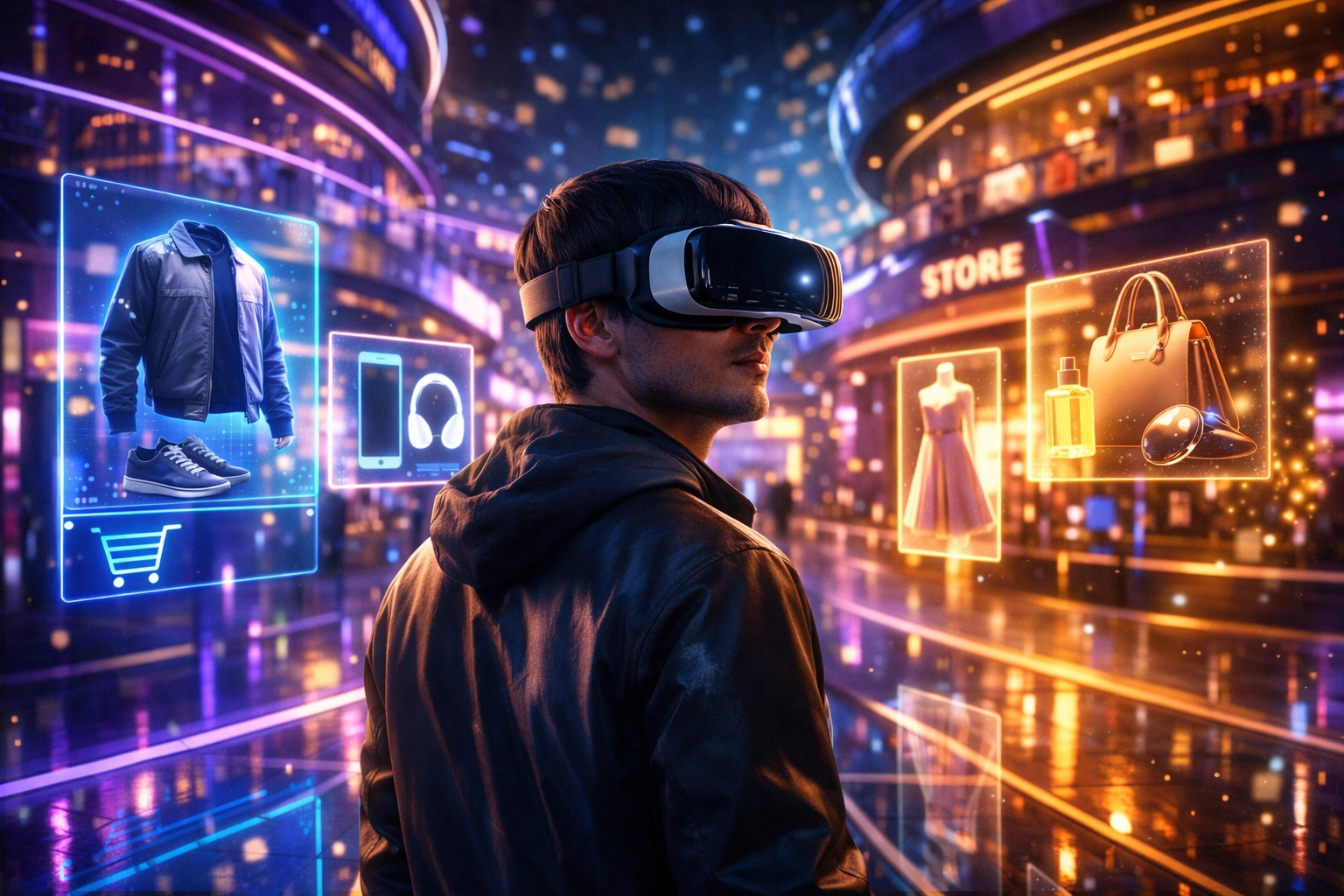Customer using VR headset to browse virtual metaverse shopping mall with holographic product displays
