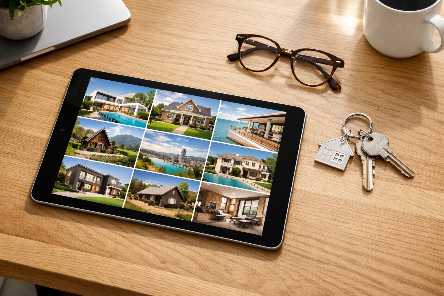 Modern workspace with a tablet displaying a diverse real estate portfolio and silver house keys for investors.