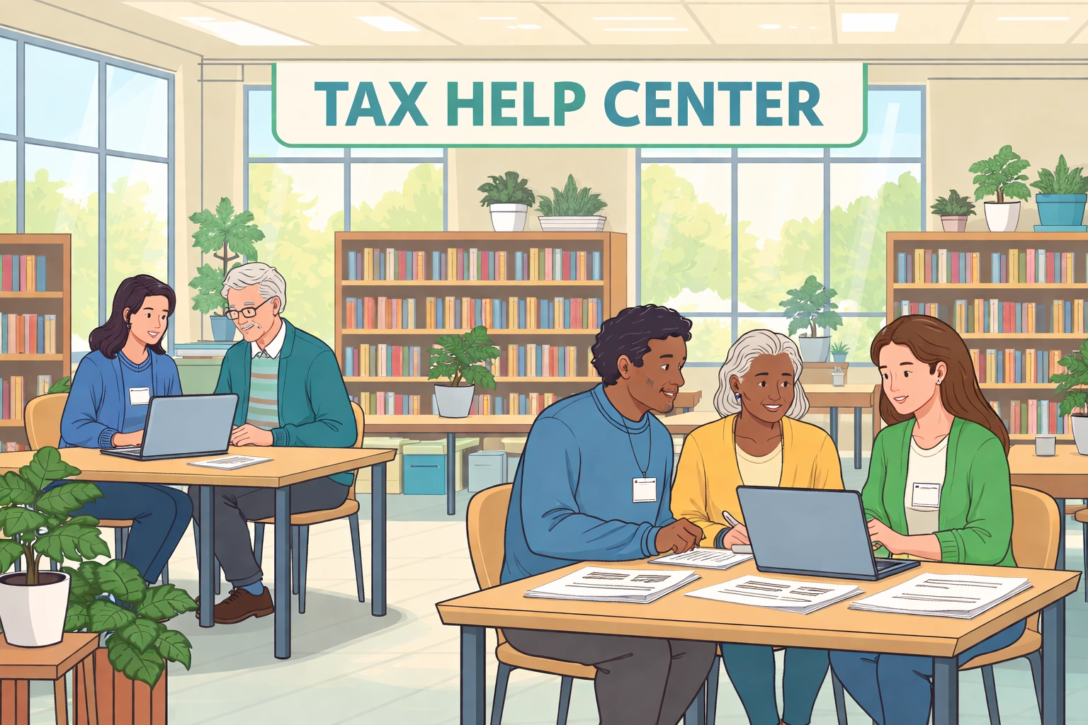 Community members receive New Haven tax help at a public library VITA location during tax season.
