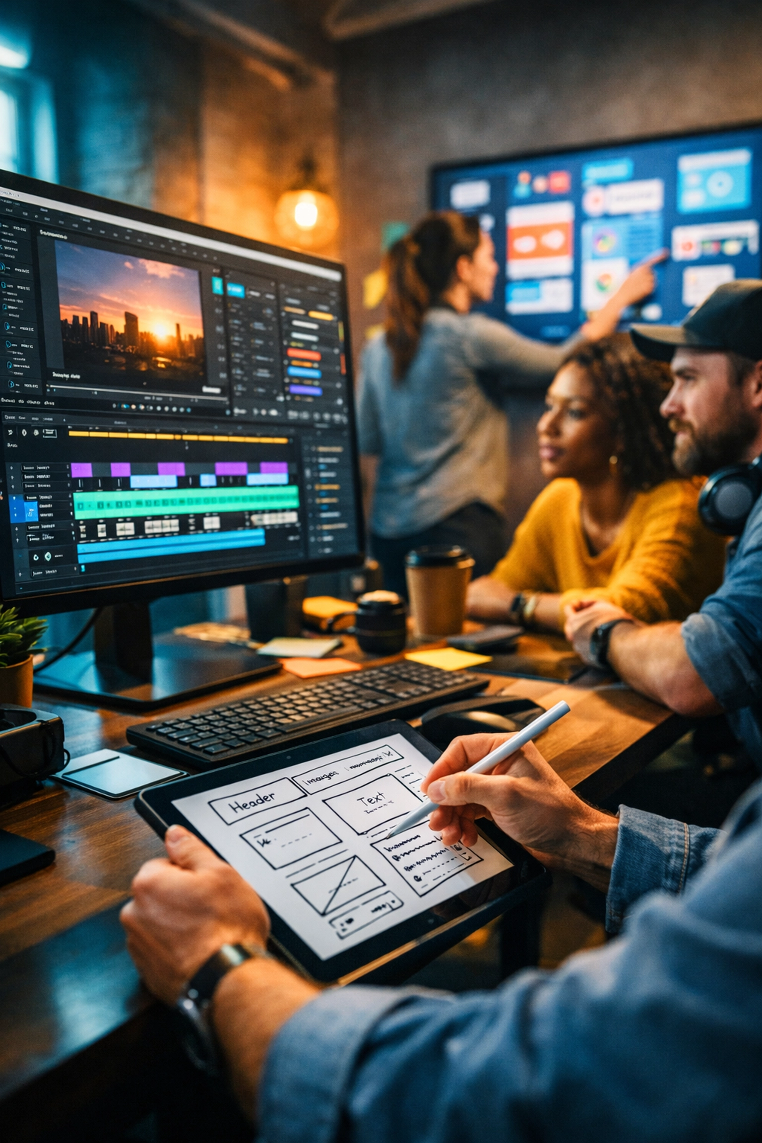 Video production team collaborating on web design and social media content in creative workspace
