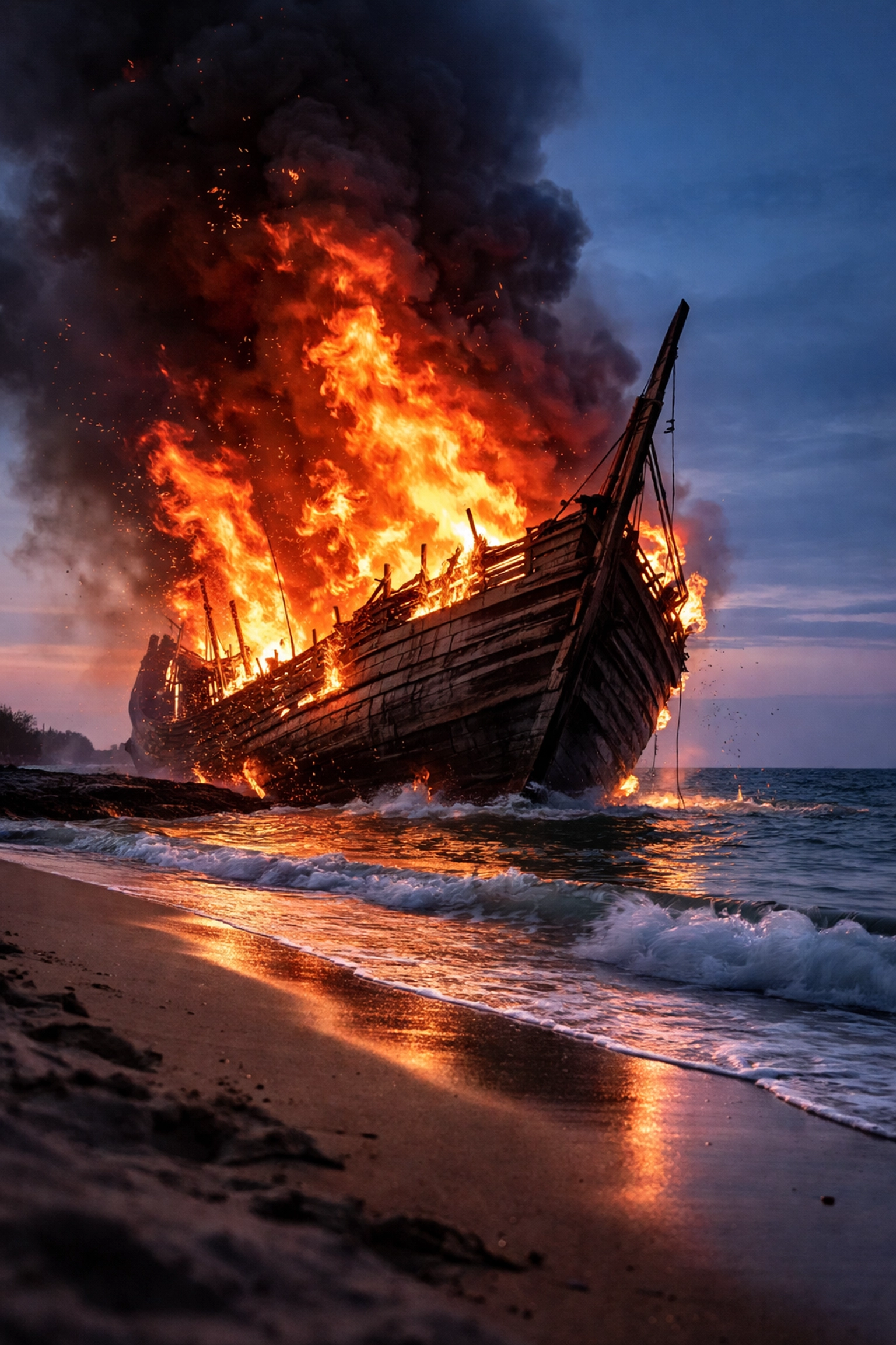 A burning wooden ship on a twilight shore symbolizes bold leadership and commitment to change.