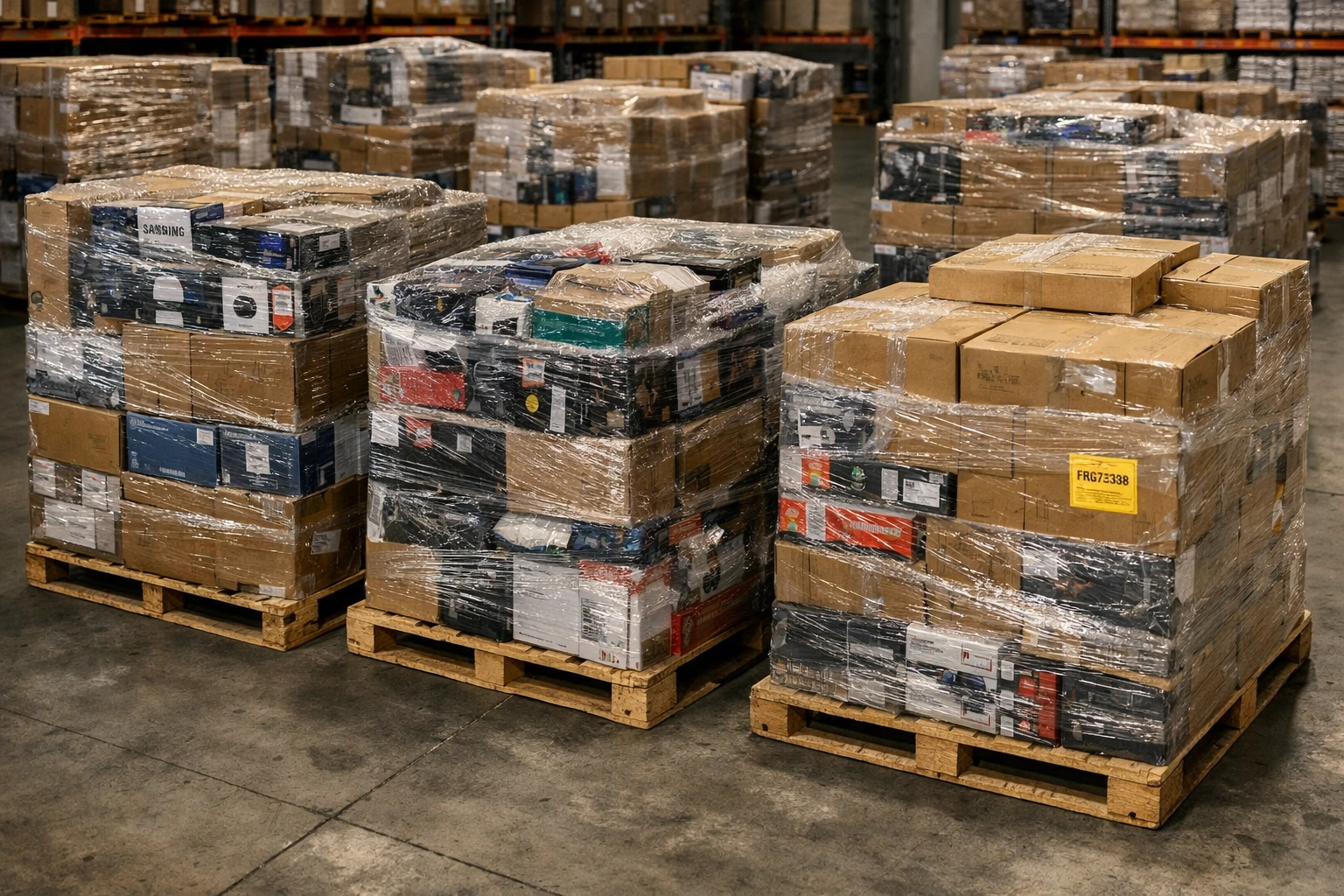 Stacked liquidation pallets with shrink-wrapped retail merchandise in USA warehouse