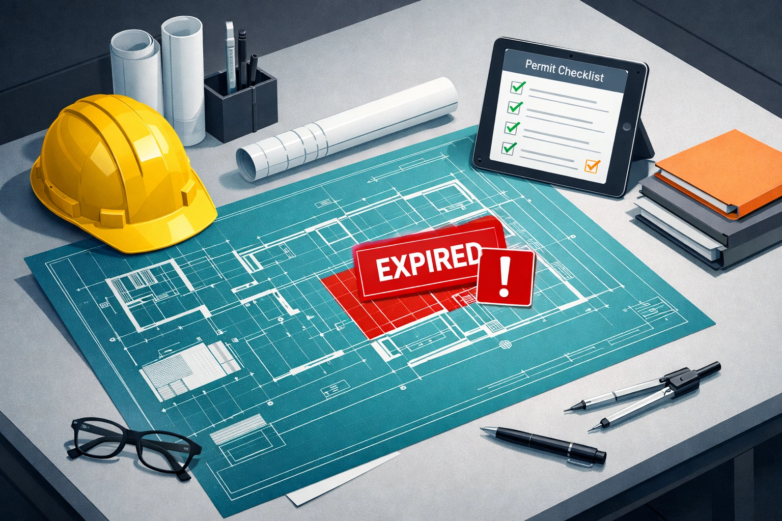Professional workspace with blueprints and checklists for resolving an expired building permit in Florida.
