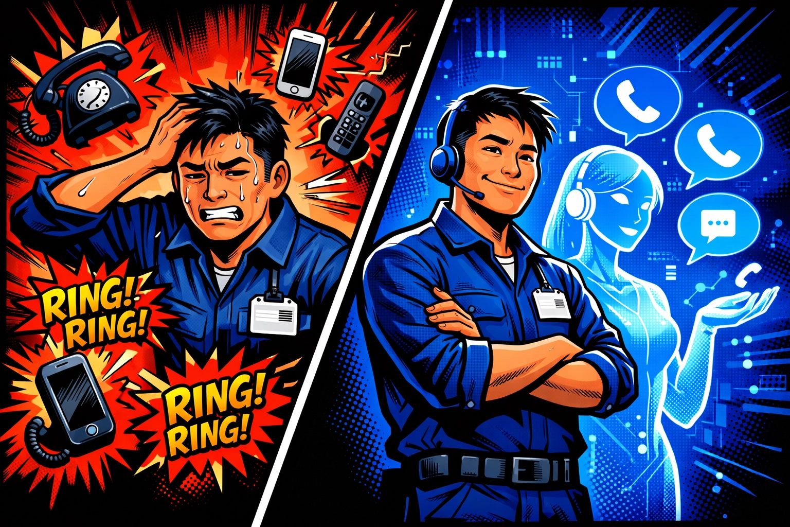 Service technician overwhelmed by calls versus calm with GoHighLevel Voice AI automation