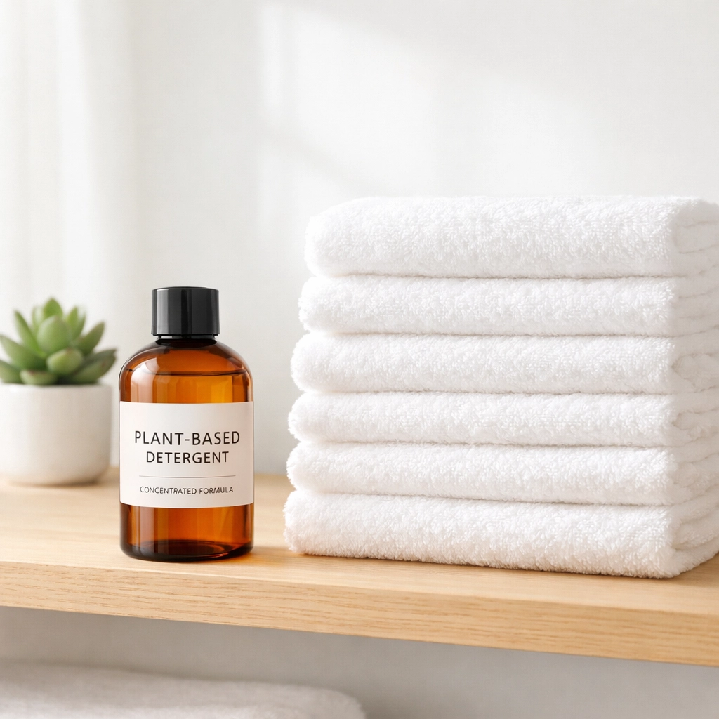 Concentrated plant-based laundry detergent in a bright laundry room, illustrating a budget friendly home.