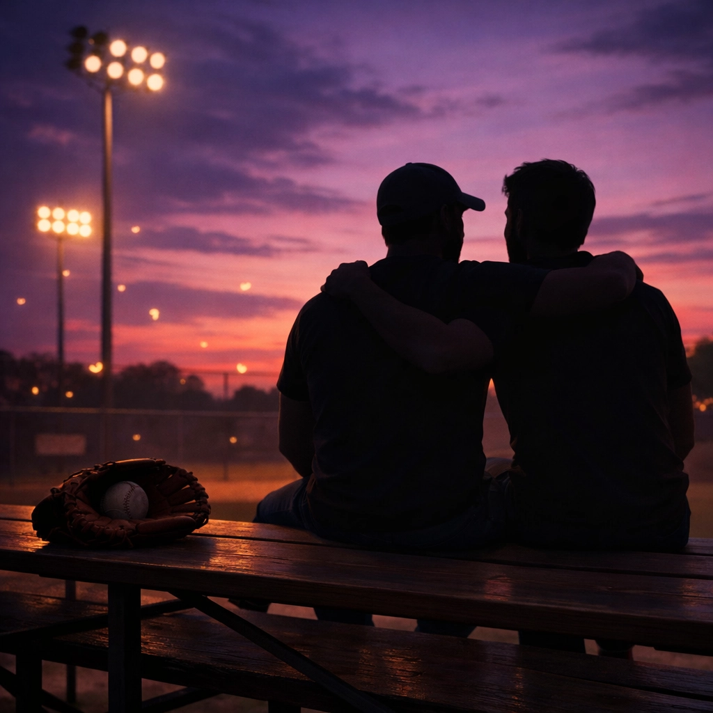 Two men sharing romantic moment on baseball bleachers at dusk illustrating gay baseball romance