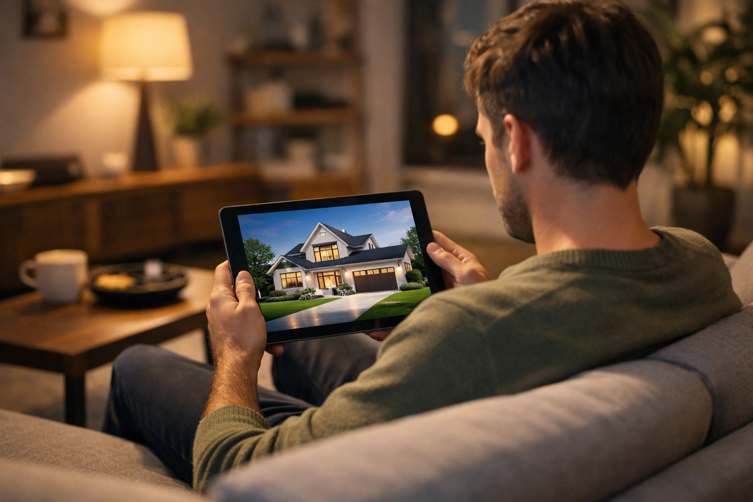 Homeowner viewing a digital house render in a modern living room to build a real estate legacy.