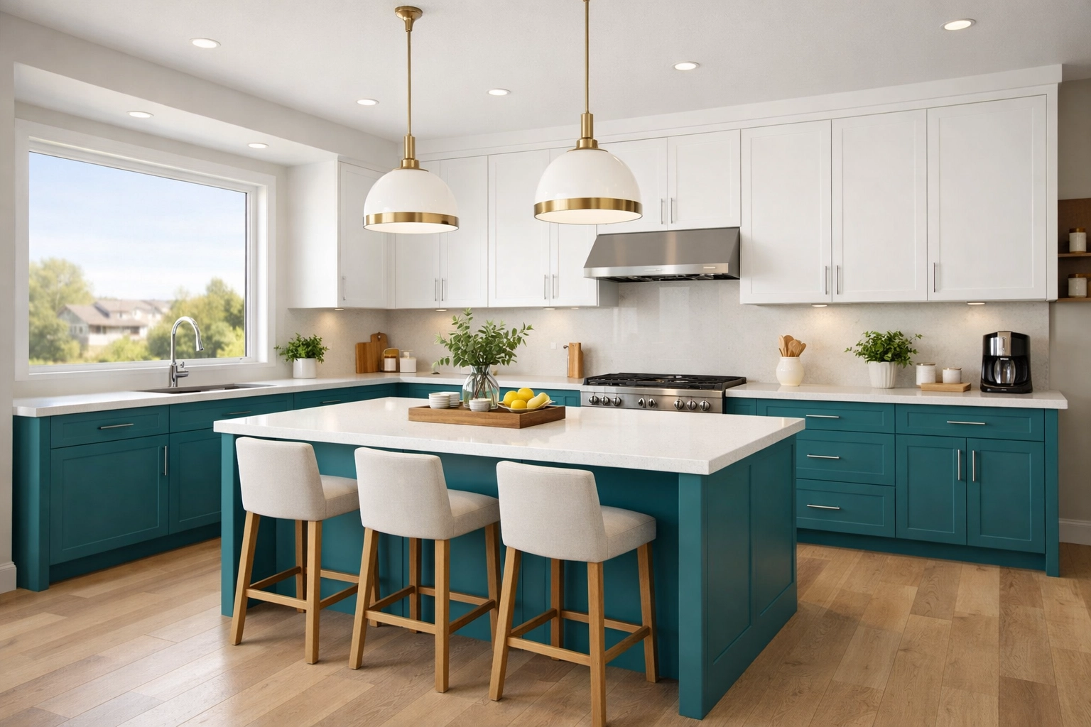 Modern two-tone kitchen in Saskatoon with white upper cabinets and dark teal lower cabinetry.