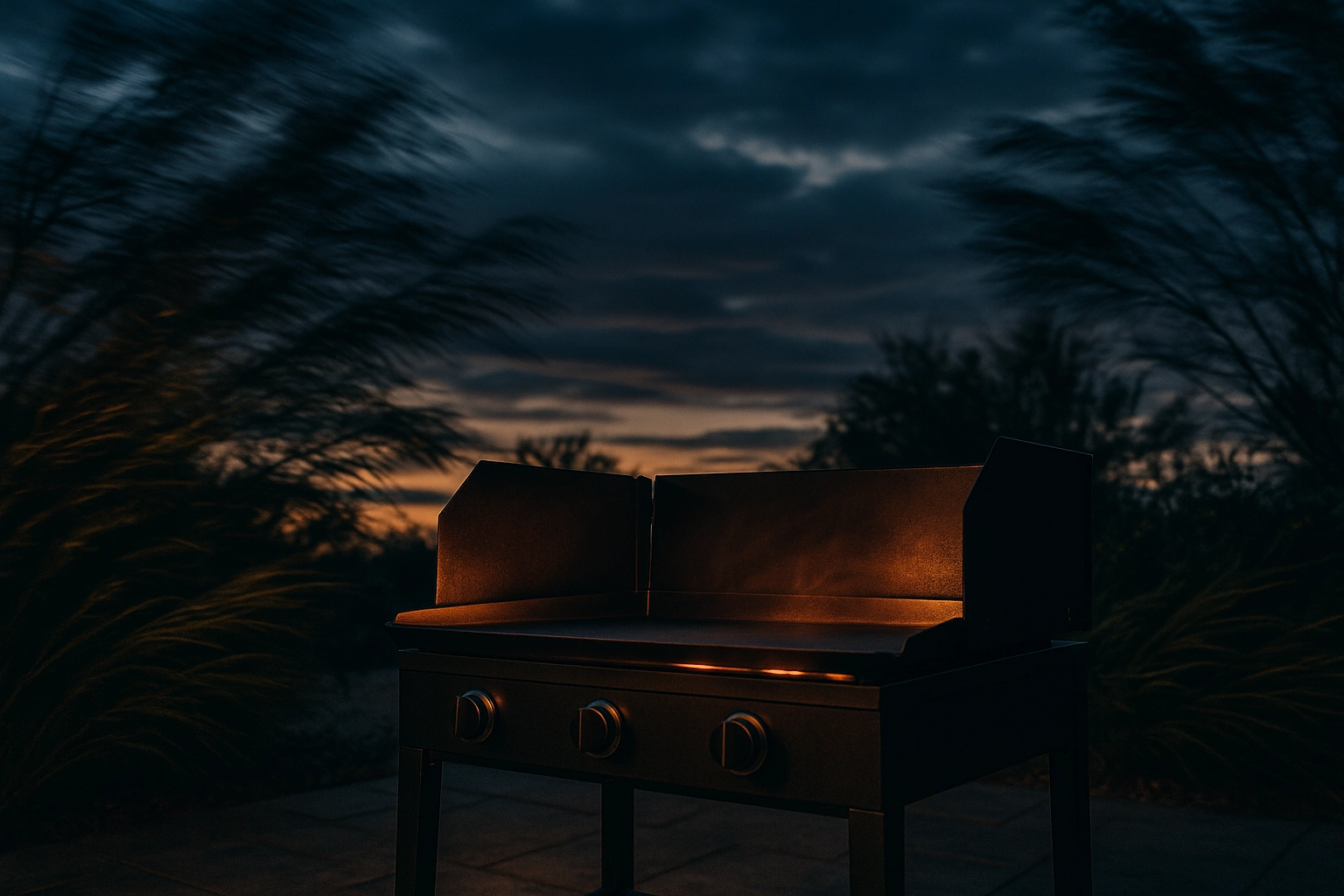 Wind-resistant outdoor griddle on a patio at sunset, demonstrating importance of wind protection for even grilling