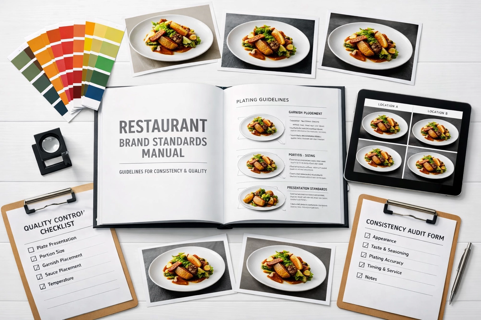 Restaurant brand standards manual showing consistent plating across multiple locations
