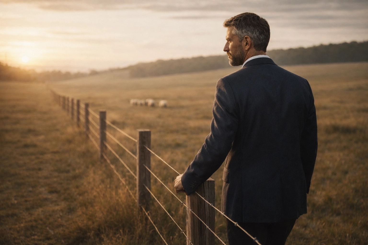 Single executive walking along a fence line overlooking a wide field with a distant flock, symbolizing stewardship and protective leadership infrastructure Single executive walking along a fence line overlooking a wide field with a distant flock, symbolizing stewardship and protective leadership infrastructure