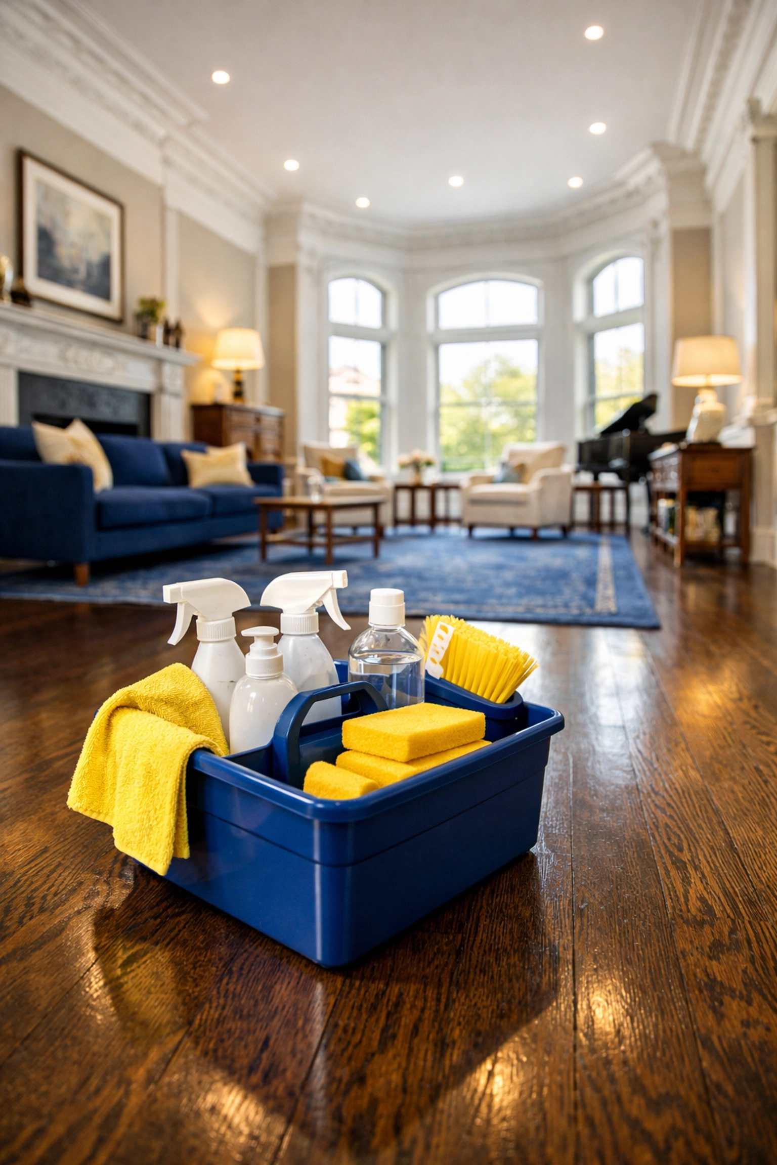 Organized supplies ready for a premium house cleaning Brookline MA service in a luxury residential home.