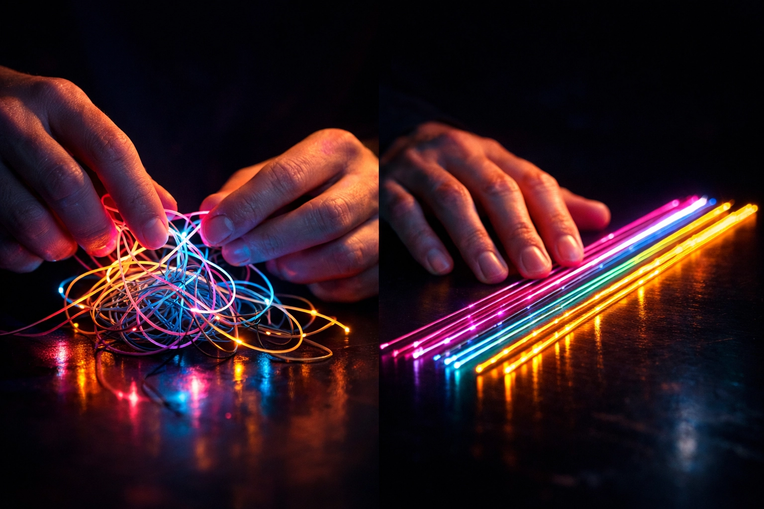 Hands organizing tangled glowing threads to represent the process of simplifying complex ideas.