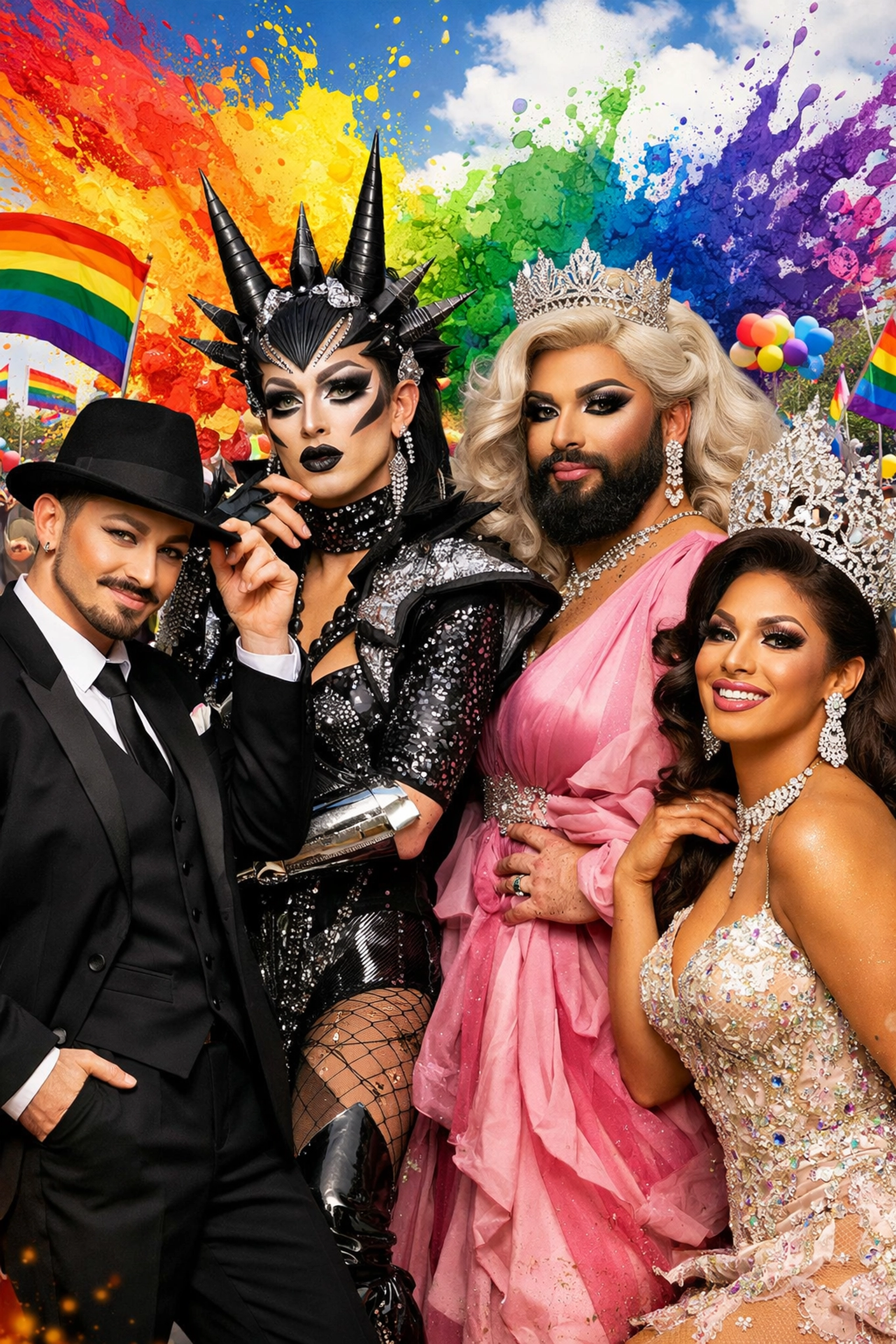 Diverse drag performers including drag kings, non-binary queens, and bearded performers