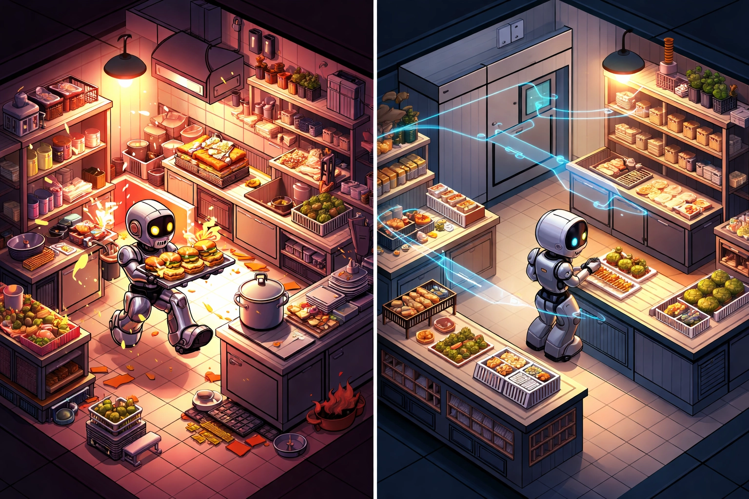 Split-view of a restaurant kitchen, one side chaotic with a robot, the other efficient with invisible AI data flows, illustrating BOH technology evolution.