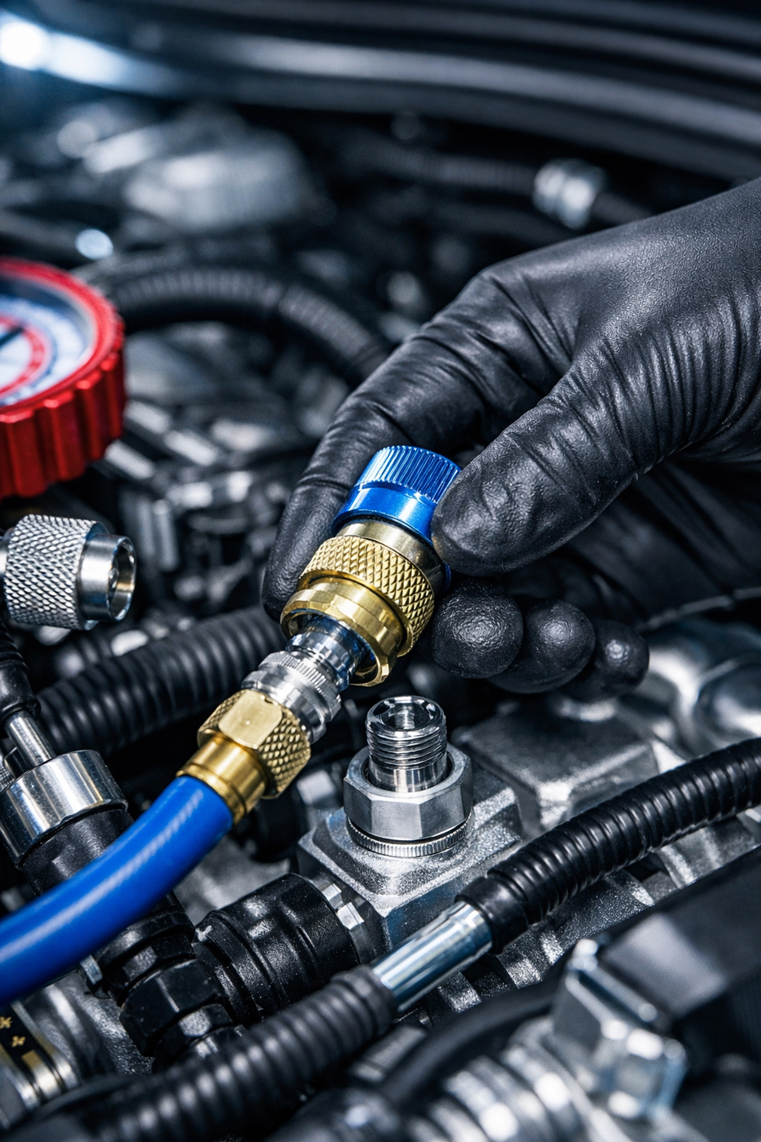 Professional technician performing car AC repair near me by checking refrigerant levels with gauges.
